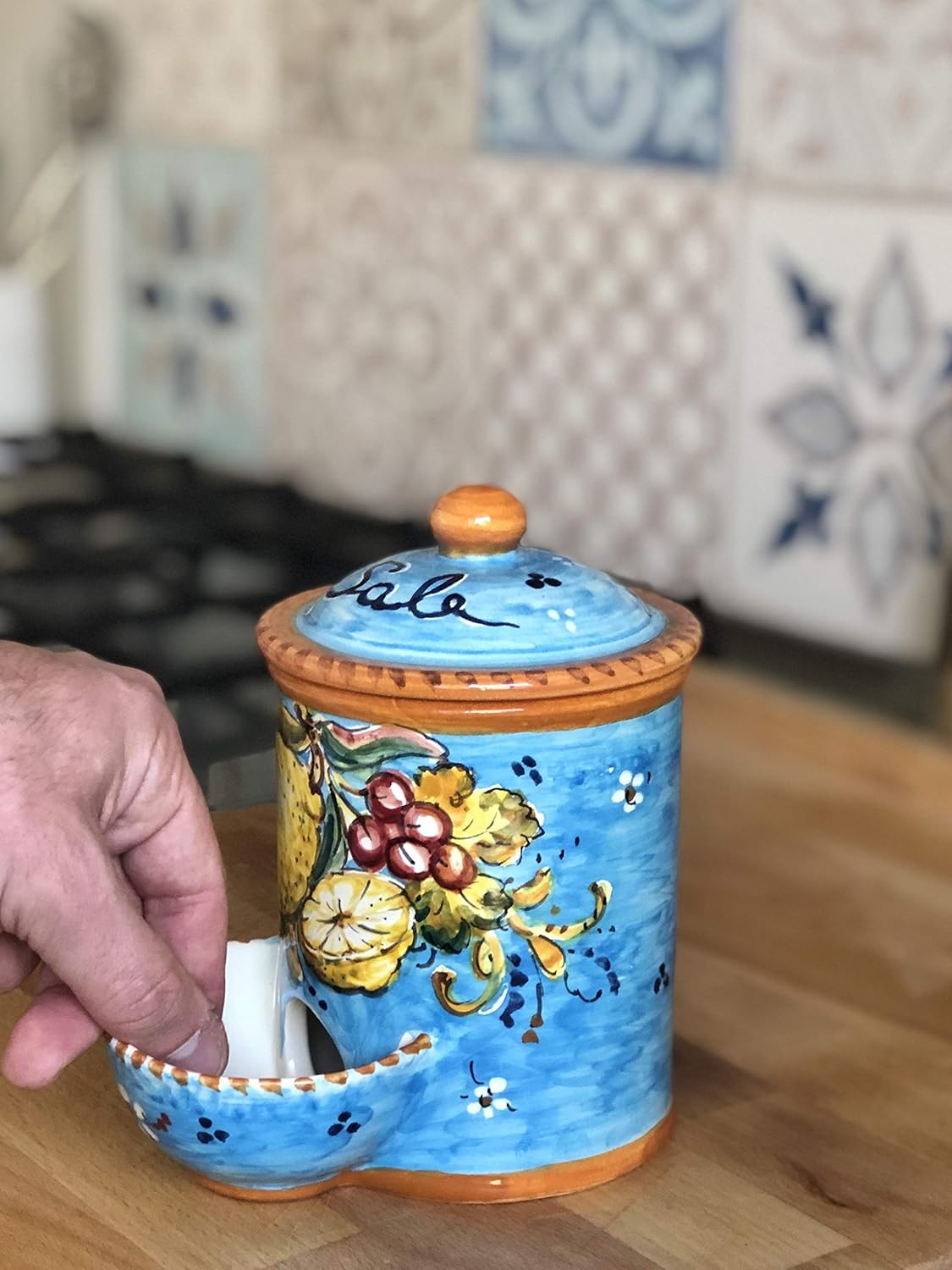 CERAMICHE D'ARTE PARRINI- Italian Ceramic Jar Salt Holder Pattern Lemons Amalfi Hand Painted Made in ITALY Tuscan Art Pottery Florence