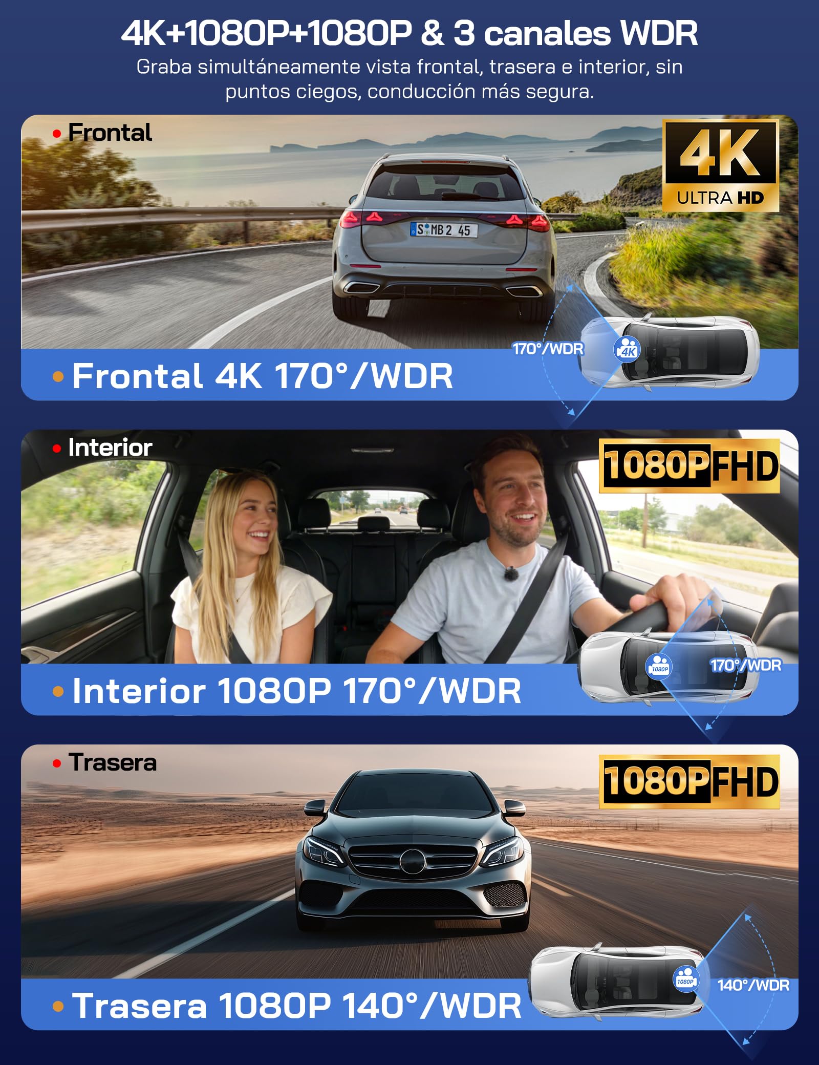 WOLFANG 4K Dashcam, Cámara de Coche con WiFi & App Control con, Cámara para Coche 2160P Dashcam con App, 3.19" IPS, Visión Nocturna, Grabación en Bucle, Sensor G, WDR, Soporta Modo Parking 24H