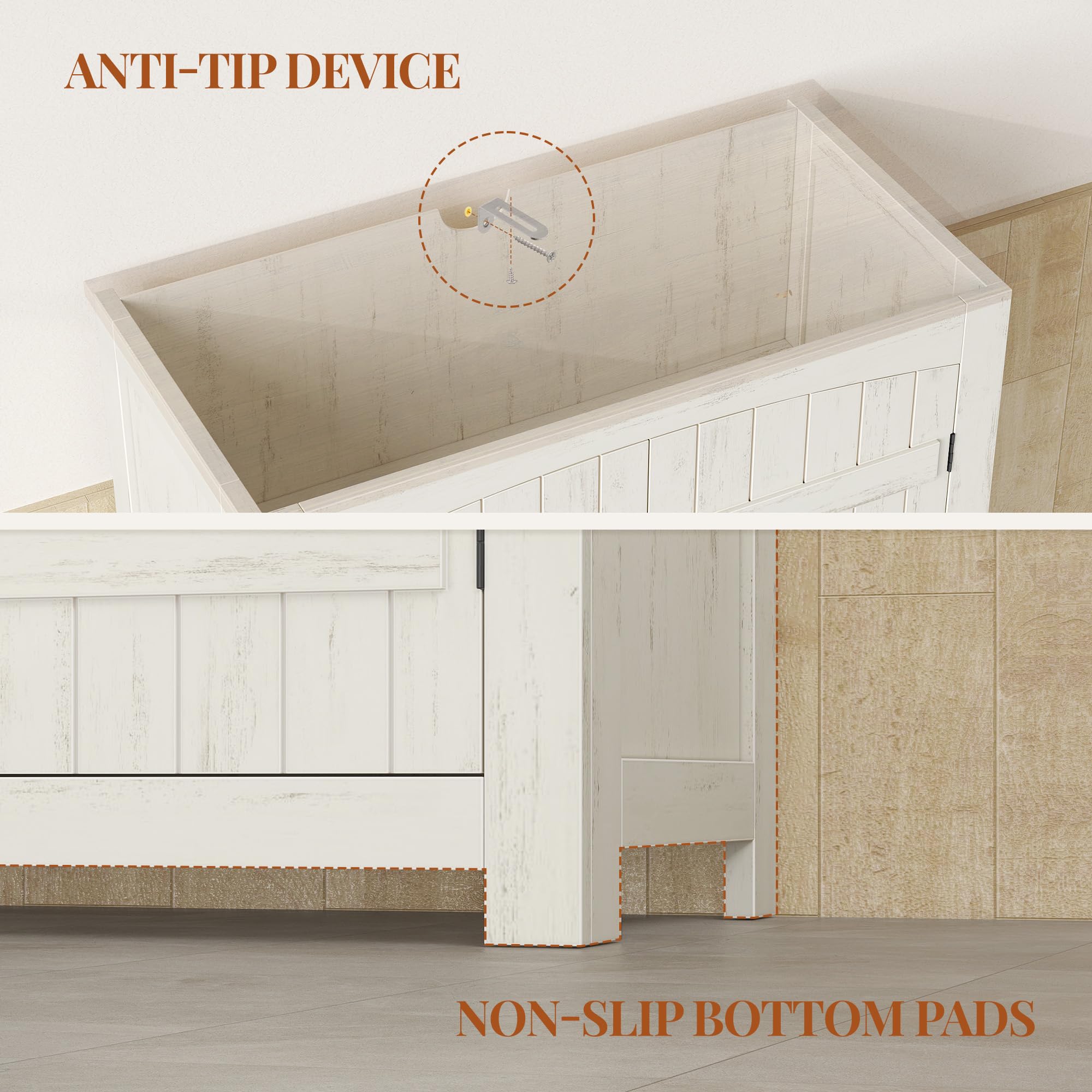 HEXCELEN Armoire de Rangement avec Portes de Grange, Style Ferme, Buffet Haut, avec 4 Portes, Meuble de Rangement, Étagères Réglables, Marron Rustique et Blanc, 30 x 60 x 110 cm