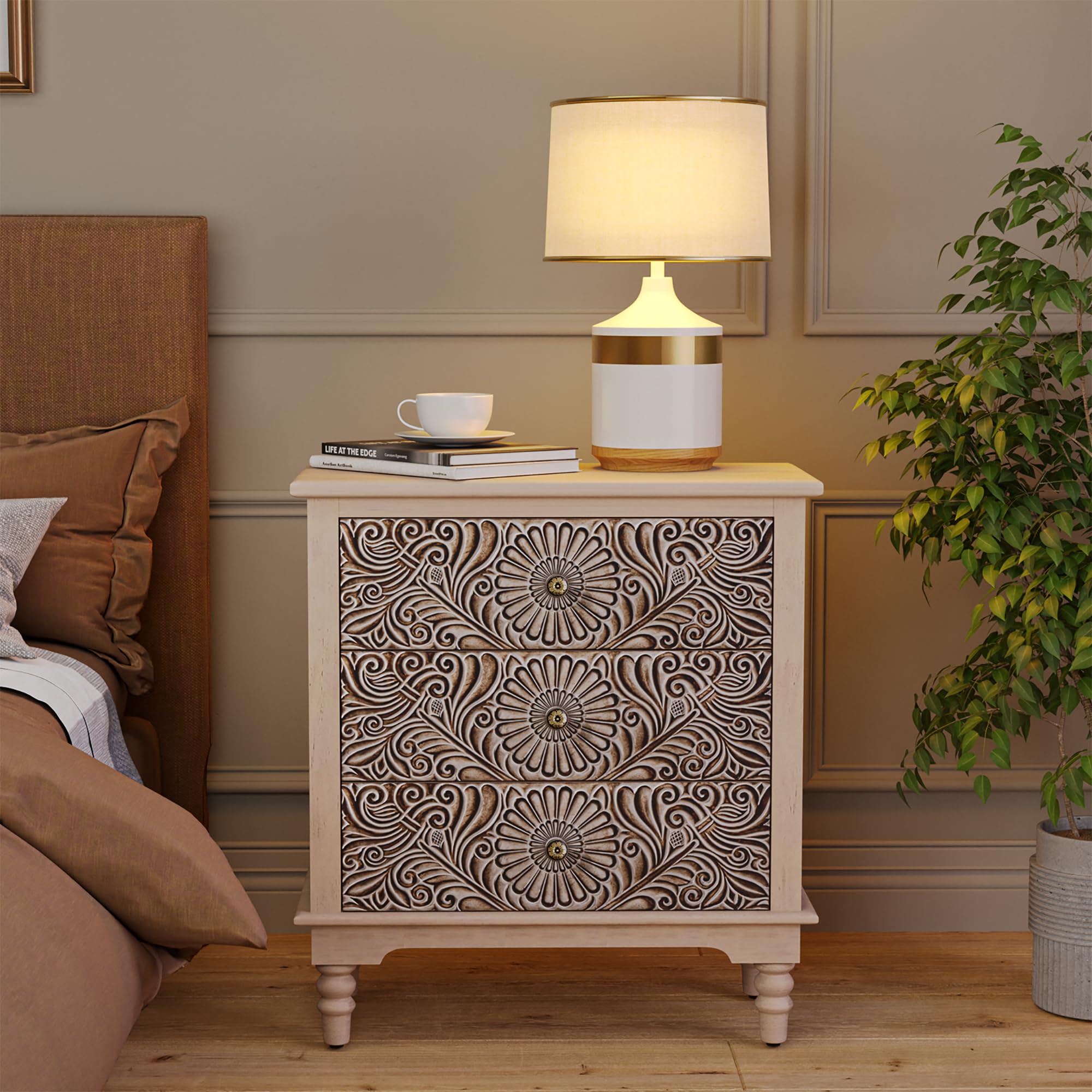 SUNBURY Nightstand w 3 Drawers, 26" Vintage Bedside Table, End Table Living Room Small Side Table, Lightweight MDF Accent Table Bedside Furniture