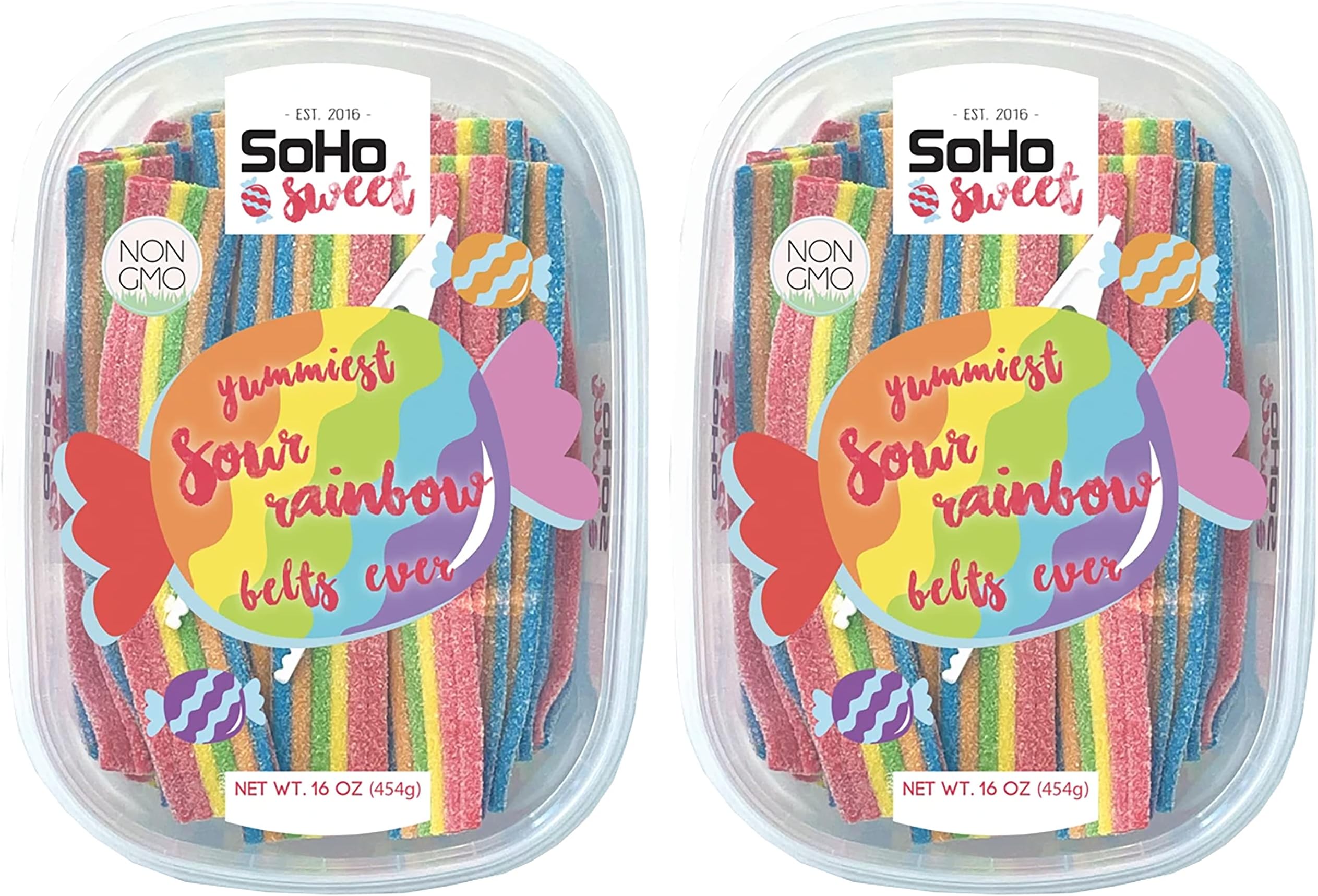 SOHO SweetSour Belts Non-GMO Candy Belts โ Sour Rainbow Candy Belts, Halal Candy (Pack of 2, 1 Pound Each)
