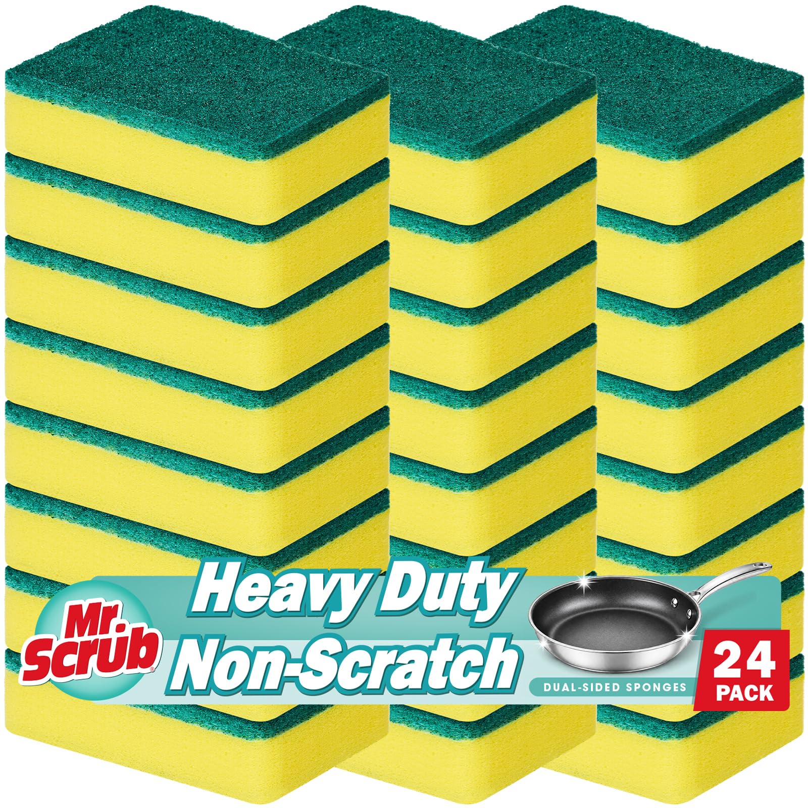 Mr. Scrub Sponges Kitchen Scrub Dish Sponge Scouring Pad, 24 Pack Cleaning Brush Scrubber Supplies for Soap, Dishwashing Dinnerware Sets Pan Pot Towels Cloth Rags Holder Glass Dishwasher Sink Bathroom