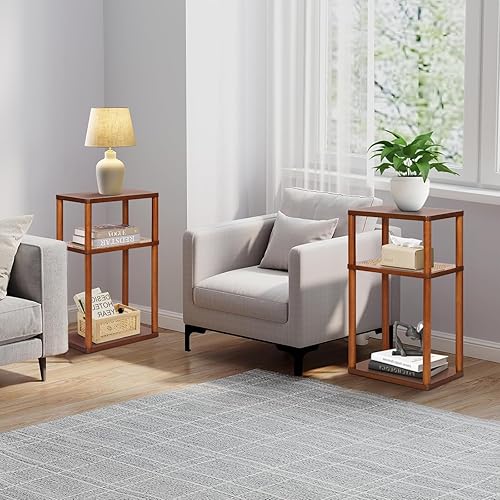 Miniatura 9 de GERYMU Mesa auxiliar de ratán, mesa auxiliar estrecha para sofá, mesita de noche alta para espacio pequeño, mesita de noche delgada con estorga,