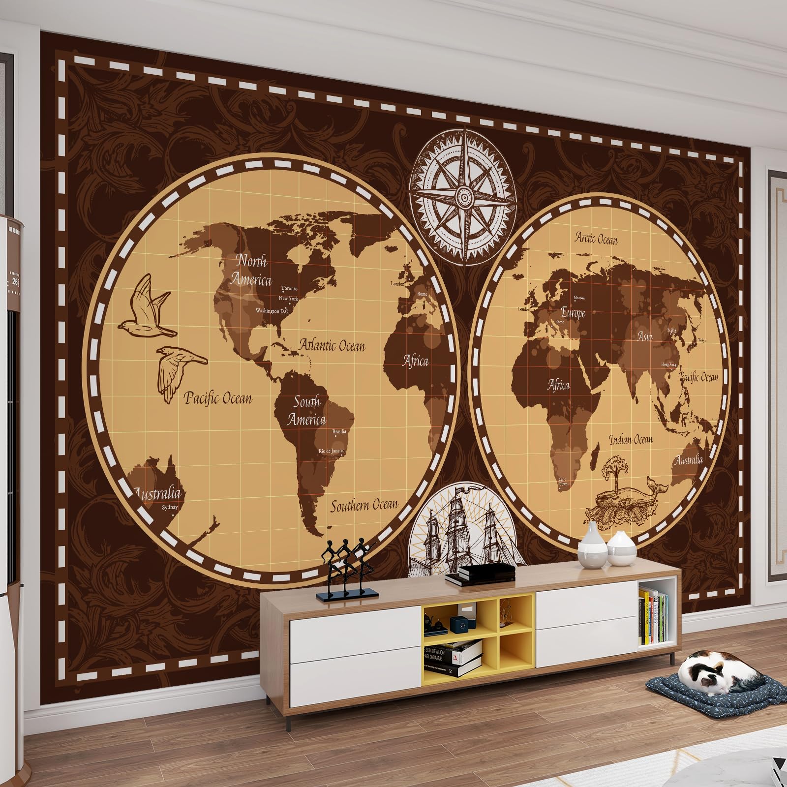 Brown Retro World Map Wall Murals Compass Circle Symmetry Print 3D Mural Wallpaper Photo Wallpaper Dry Without Bubbles for Nursery Children's Room - 196.85" W x 124.8" H