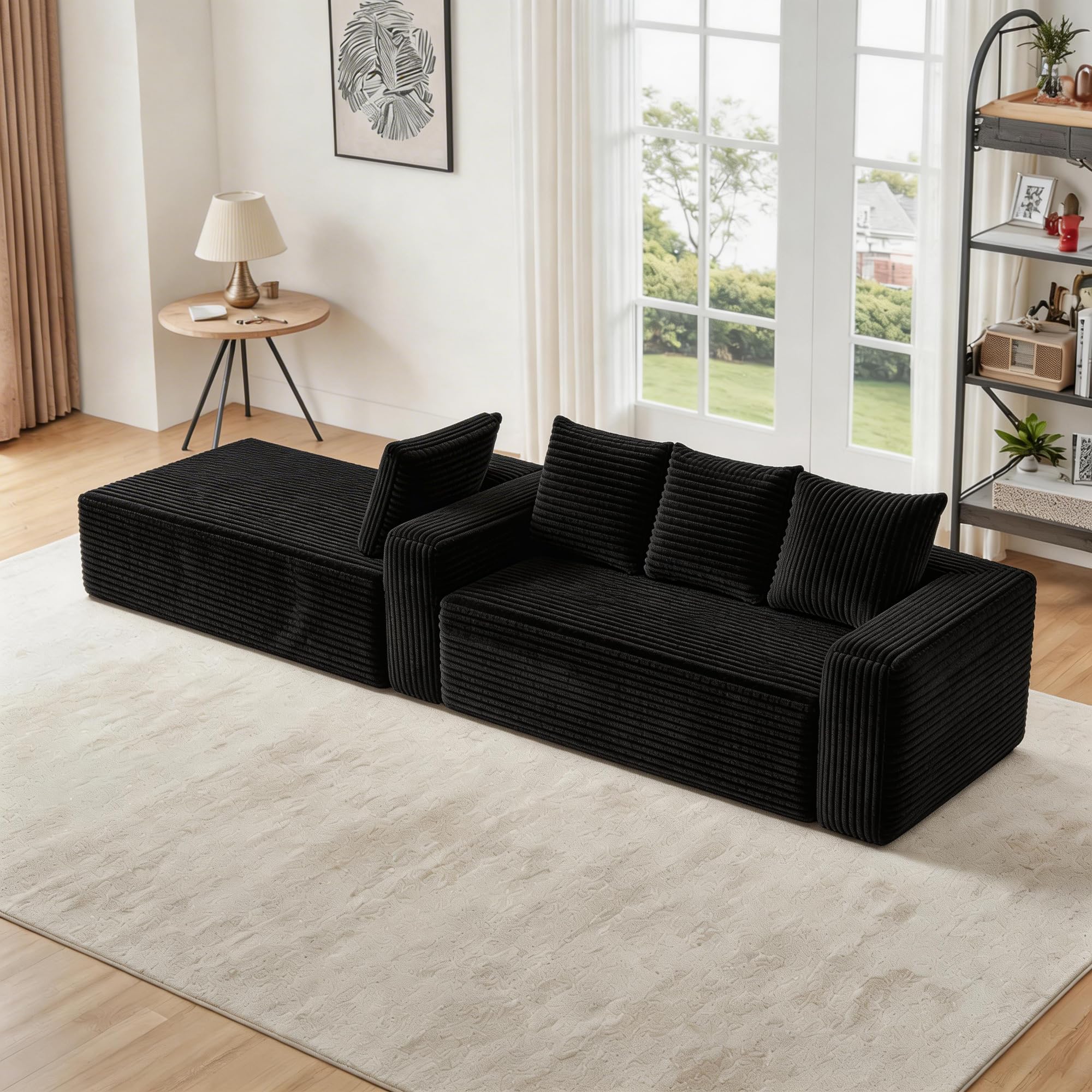 Sofá modular de 4 plazas moderno de pana con chaise longue orientada a la derecha para salón o dormitorio (B-negro)