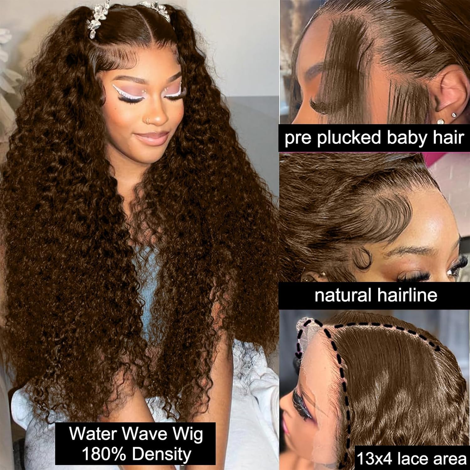Chocolate Brown 13x4 Lace Front Wigs Human Hair 150 Density Deep Wave HD Lace Front Wigs 4# Curly Glueless Wigs Pre Plucked 13x4 Frontal Human Hair Wigs for Women (26 Inch) - Image 4