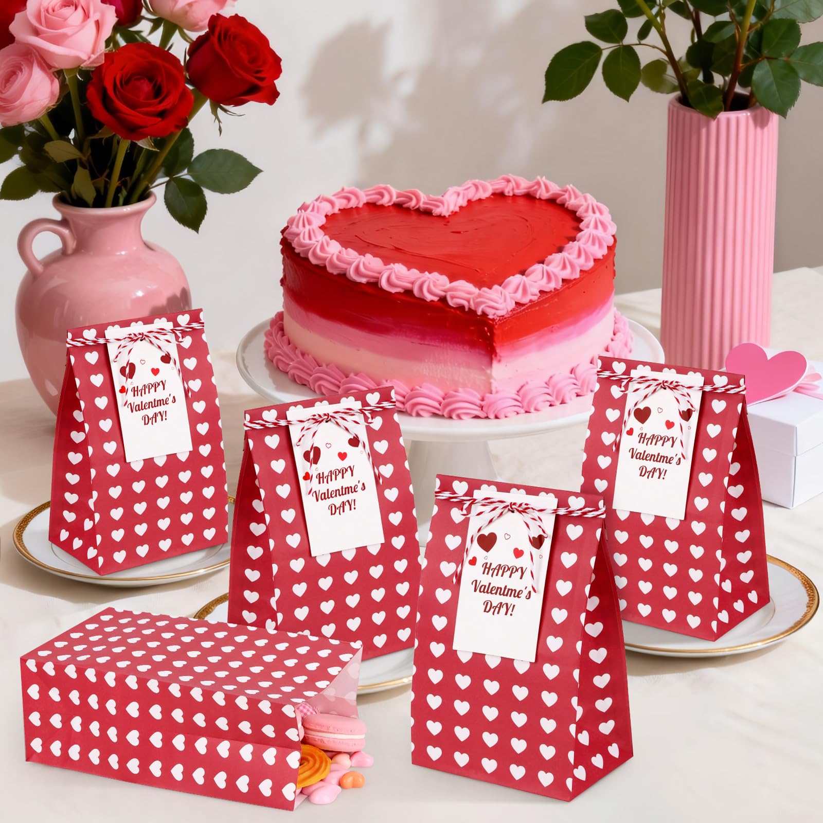Abilat 24 Pack Valentines Gift Bags with Cards Valentine Gift Treat Bag Mini Goodie Bags for Valentine's Day Gifts Wrapping Party Favors, Classroom Exchange Prizes