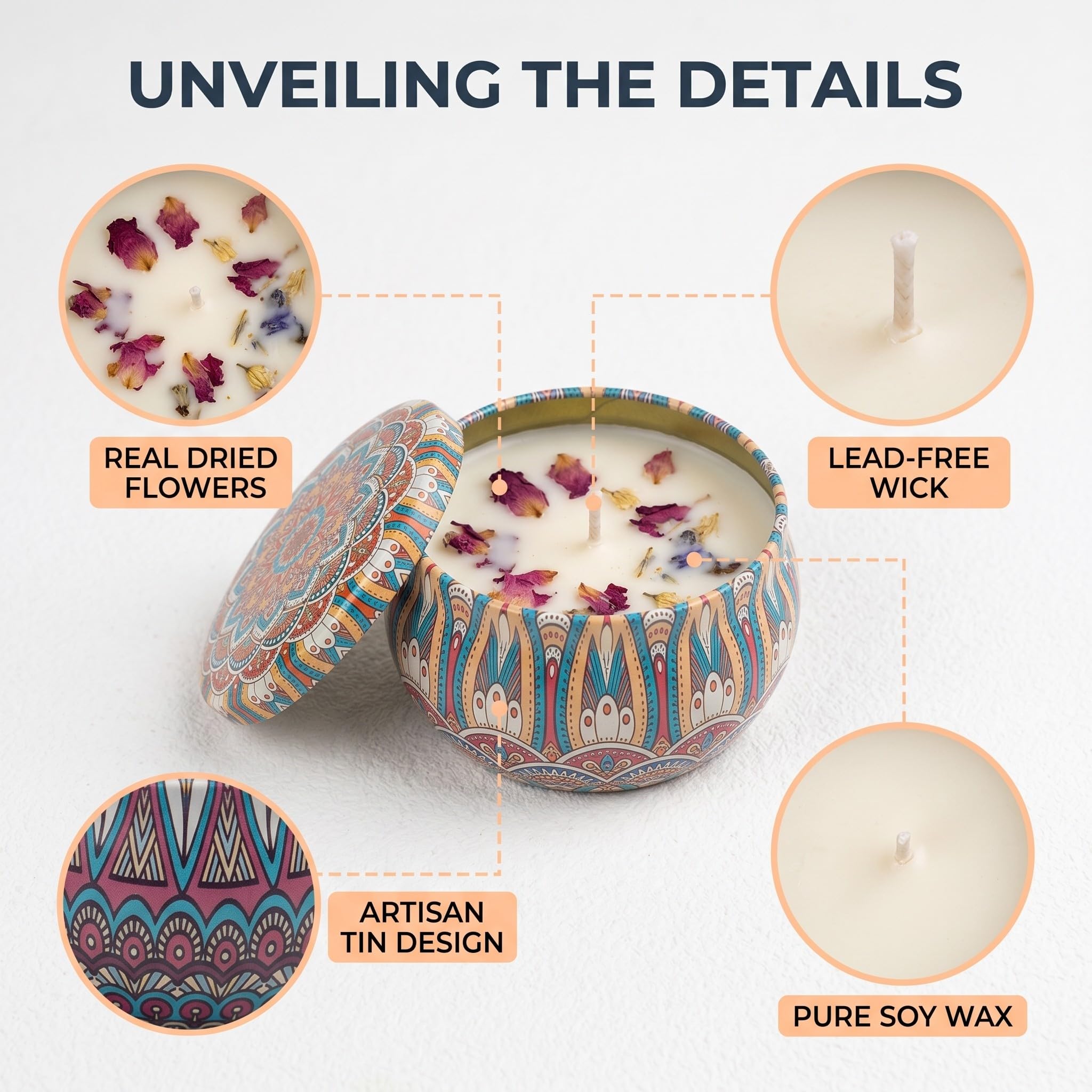 Set 6 Velas Perfumadas de Cera de Soja en Lata con Diseño Mandala, 6 Aromas Diferentes, Duración 15h, para Aromaterapia, Regalo para Mujer, Aniversario