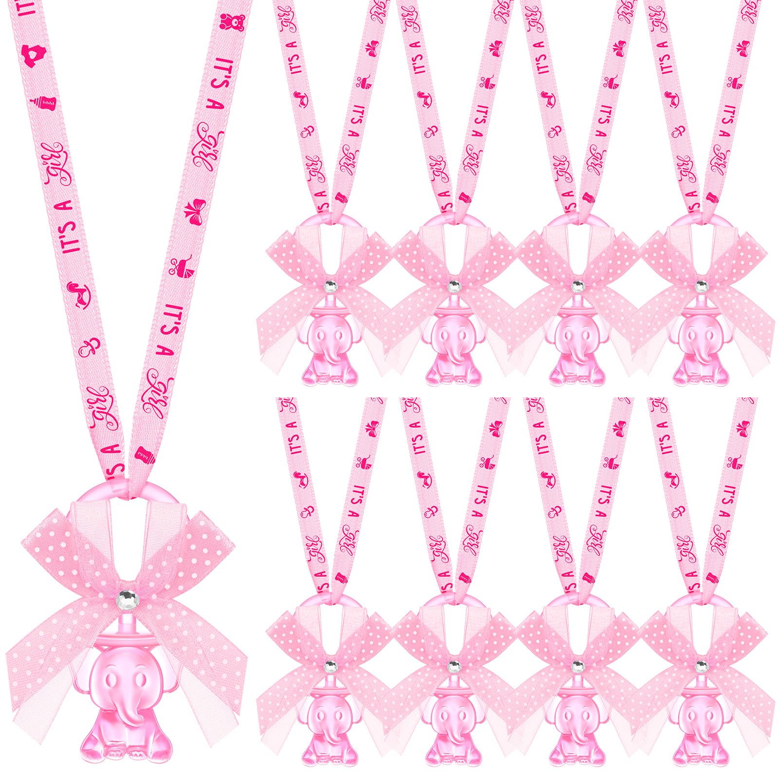 Tondiamo 60 Pcs Baby Shower Pacifiers Elephant Necklace Acrylic Baby Shower Party Favors with Cute Rhinestone Bows for Gender Reveal Party Decoration