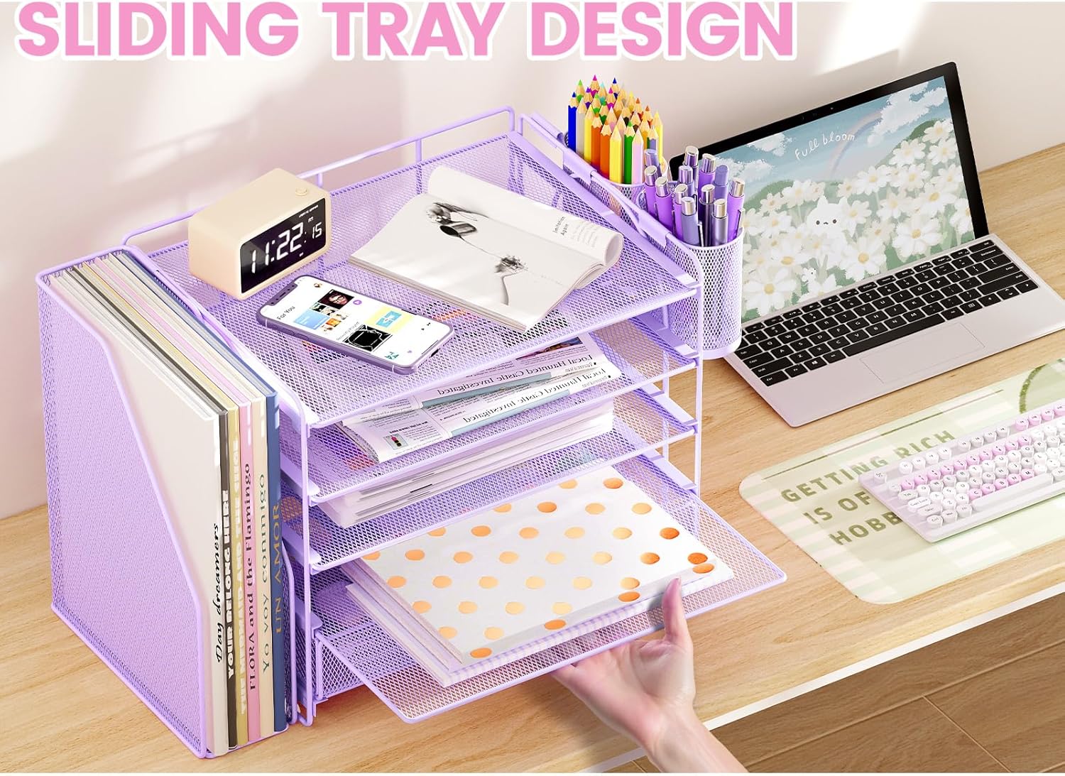 OPNICE Desk Organizer, 5-Tier Paper File Organizer with Drawer & Pen Holder, Office Desk Accessories, Workspace Desktop Organizer for Office Supplies(Purple) - Image 5