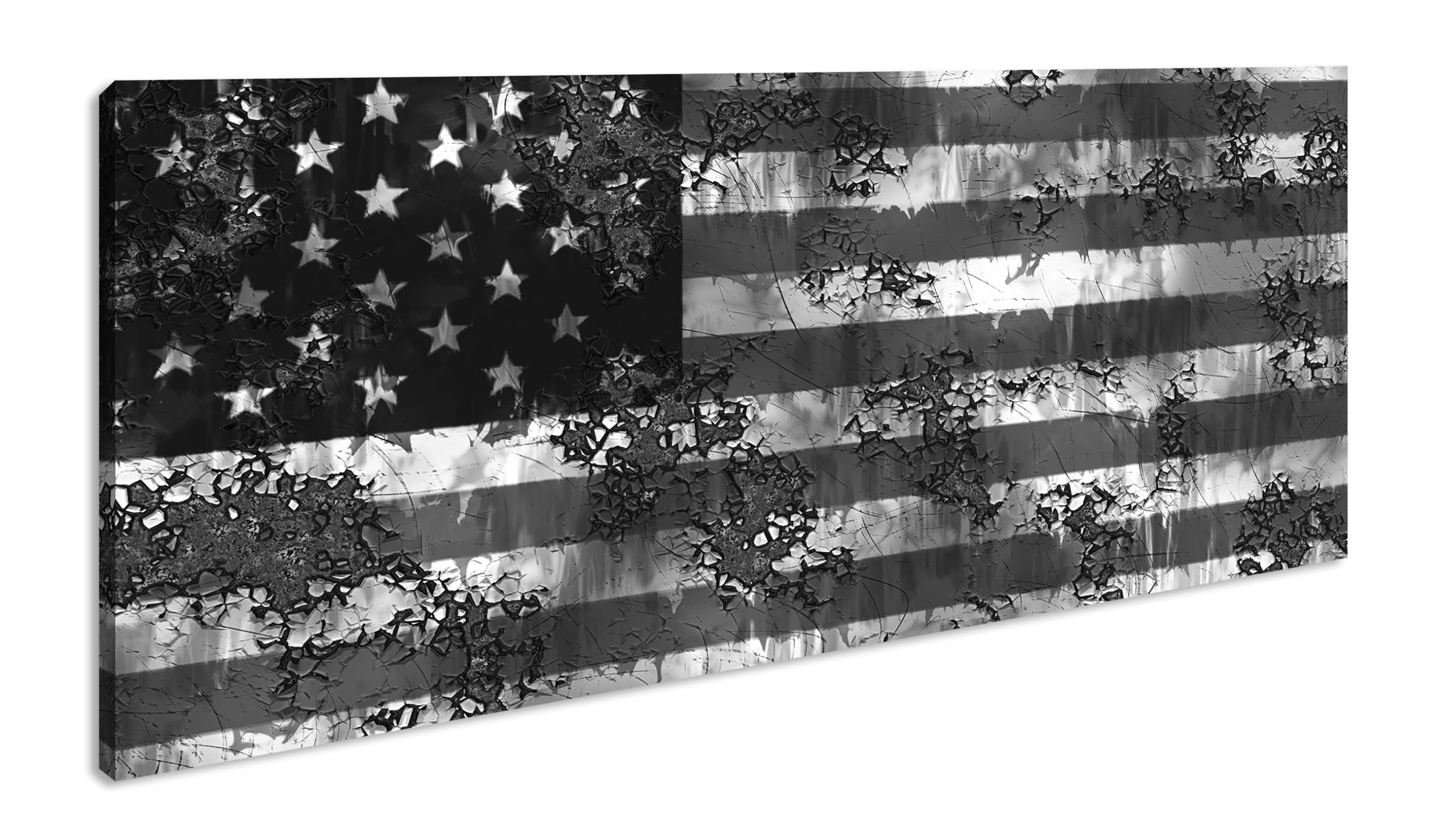 Drapeau américain rouillé panoramique 100 x 50 cm Effet : noir/blanc Impression numérique de qualité supérieure avec cadre en bois véritable