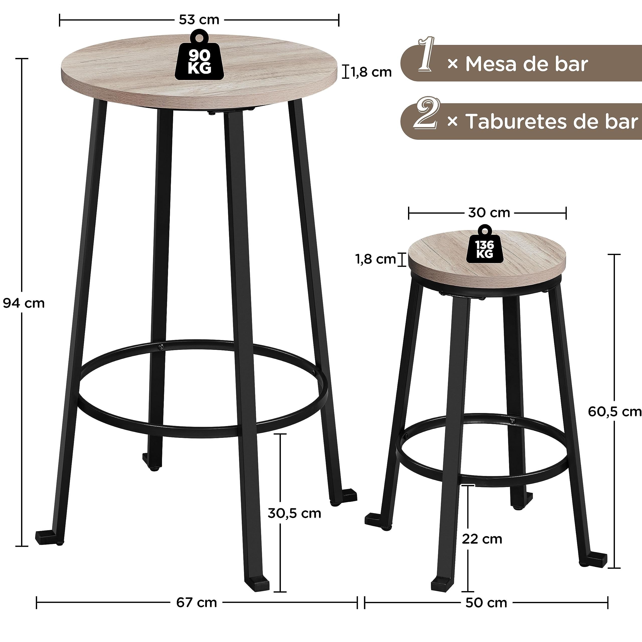 Yaheetech Juego de Sillas y Mesa Conjunto de Taburete y Mesa para Comedor Cocina Juego de Mueble 2 Sillas Taburete para Bar Pata Metal Taburete Mesa Alta Gris