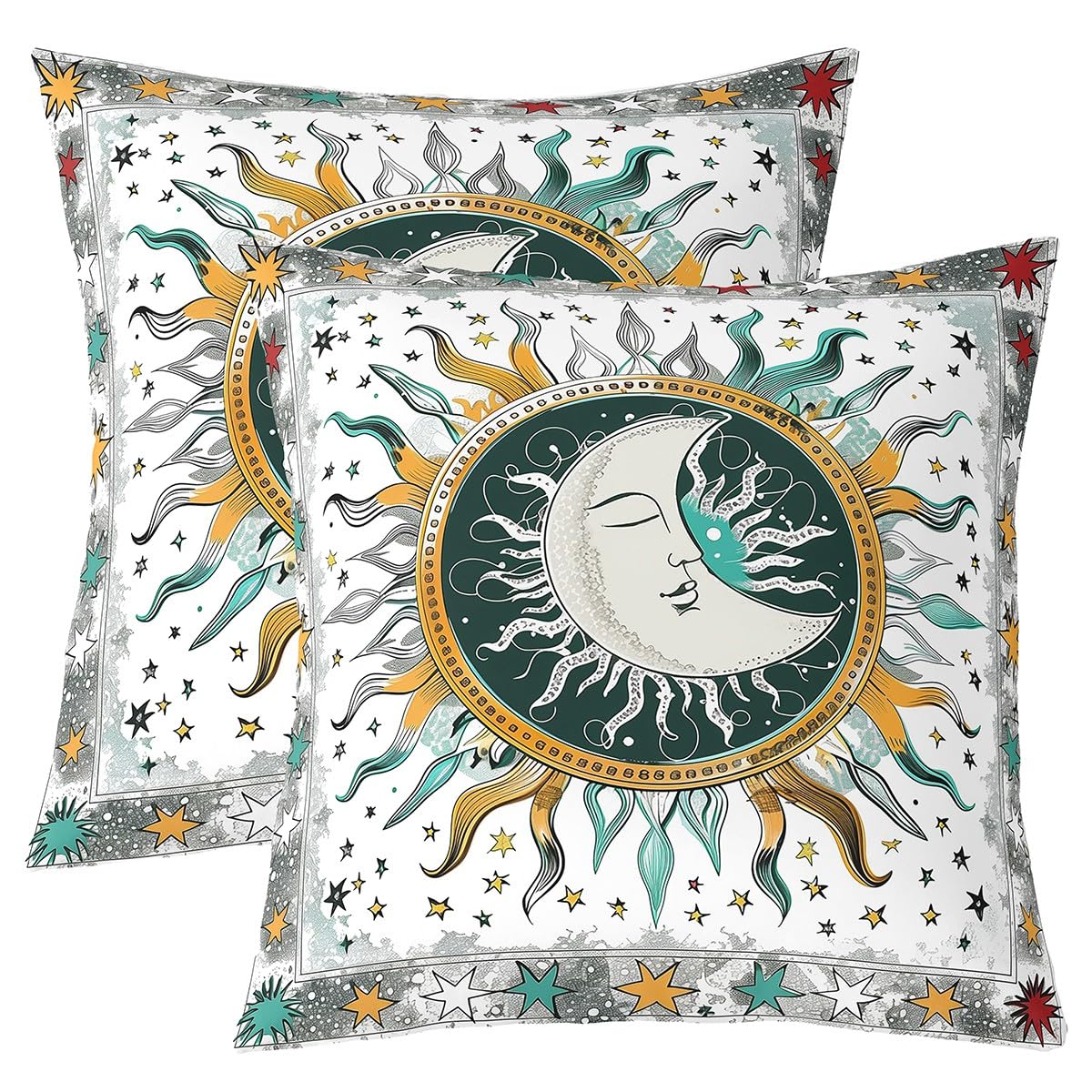 Loussiesd Sun and Moon Cushion Covers Boho Exotic Throw Pillow Covers for Kids Boys Girls Yellow Green Bohemian Pillow Covers for Home Sofa Bed Couch Botanical Stars Pillowcases, 50x50cm Set of 2