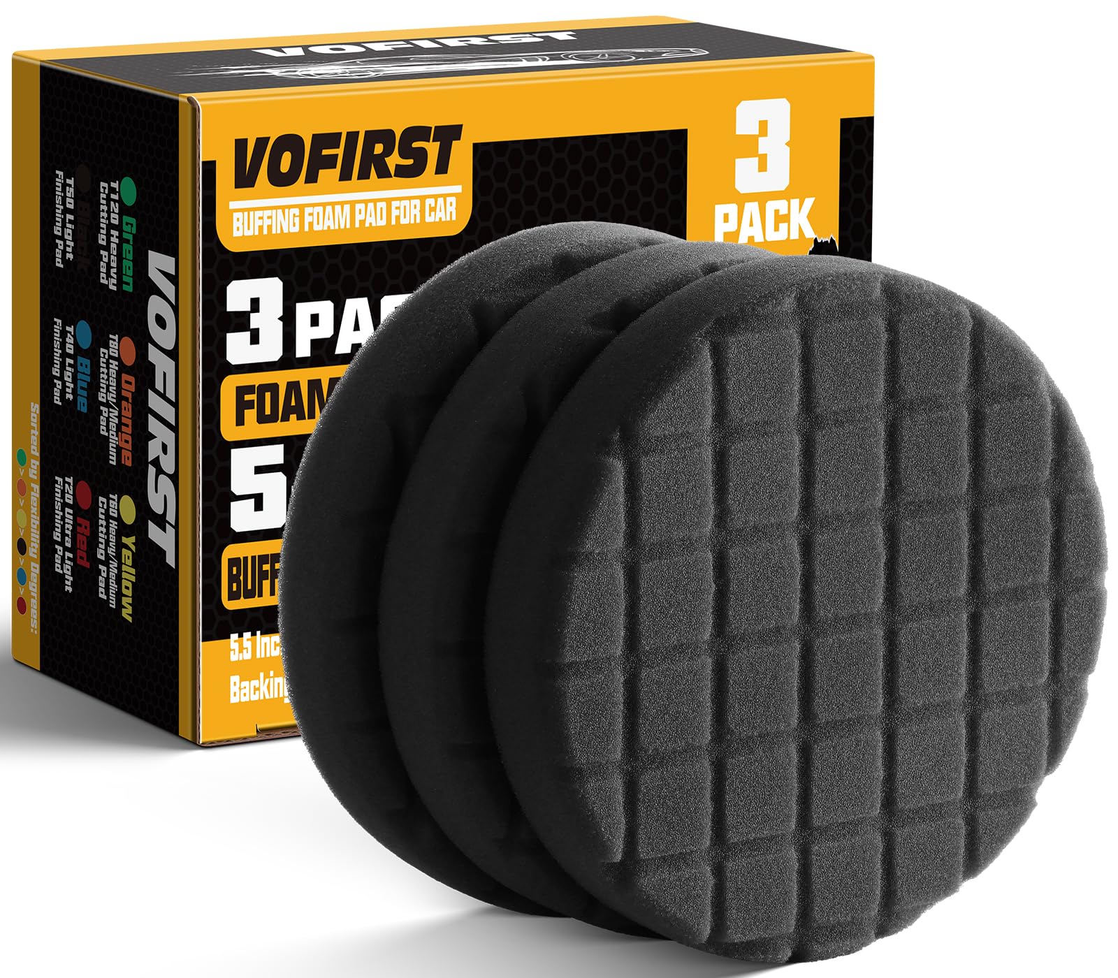 VOFirst Buffing Pads, 3Pcs Polishing Pad for Car Polisher Boat Compounding, Polishing and Waxing (5 Inch Black T50)