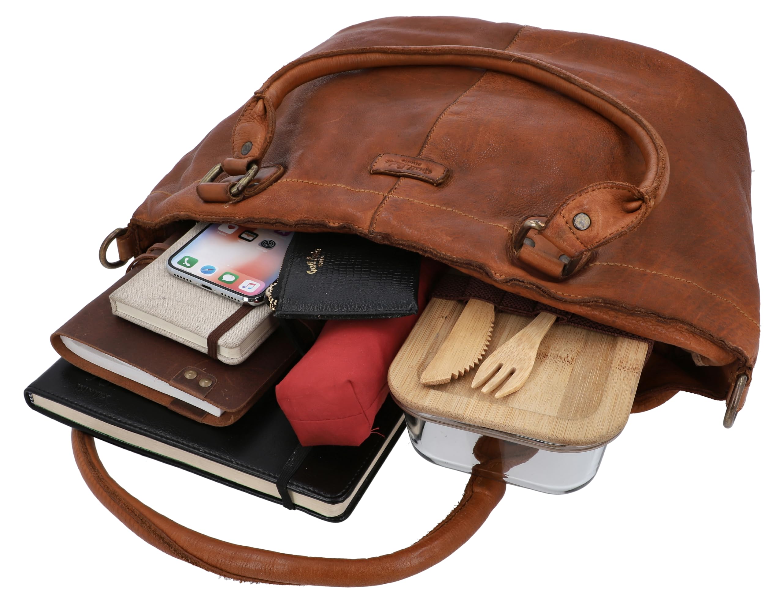 Gusti Leder Handtasche Damen Umhängetasche Mittelgroß – Hochwertiges Rindsleder Shopper Cognac Braun – Geräumige Ledertasche für Alltag und Büro