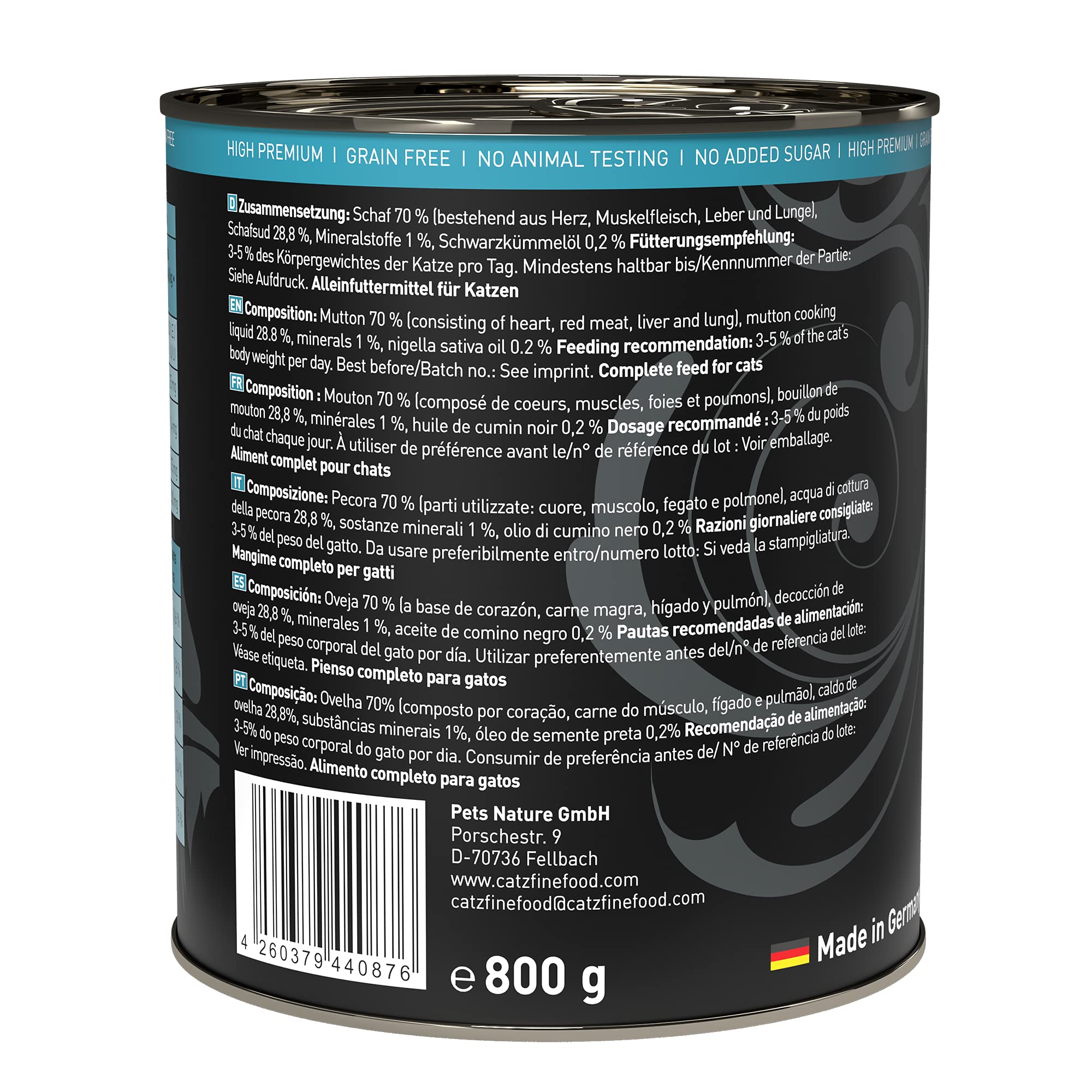 catz finefood Purrrr Schaf Monoprotein Katzenfutter nass N° 113, für ernährungssensible Katzen, 70% Fleischanteil, 6 x 800 g Dose