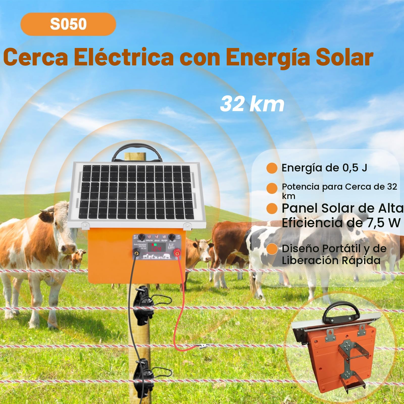 32KM Solar Pastor Electrico, cerca eléctrica Controlador de 0.5J / 9.5KV, con 12V 7Ah batería de Panel Solar de 7.5W, para prevención de vida silvestre, granjas, aves de corral, jardines