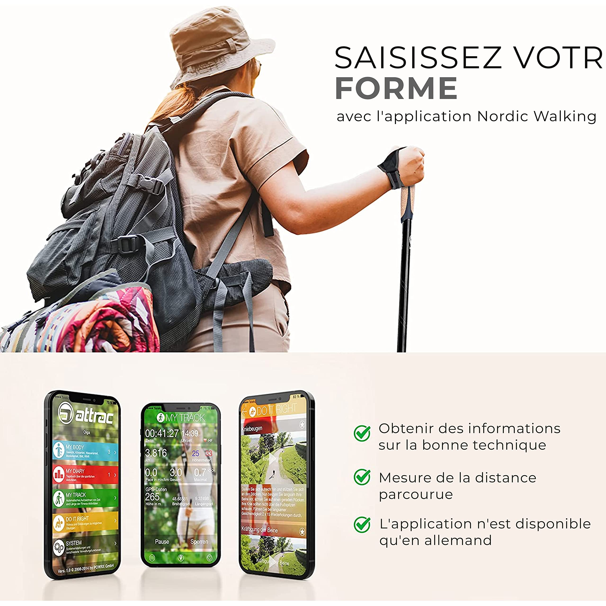 ATTRAC Bâtons de randonnée Click & GO avec Amortissement Anti-Chocs I Bâtons de Marche Nordique réglables et Super légers 69-136 cm avec Application Sport
