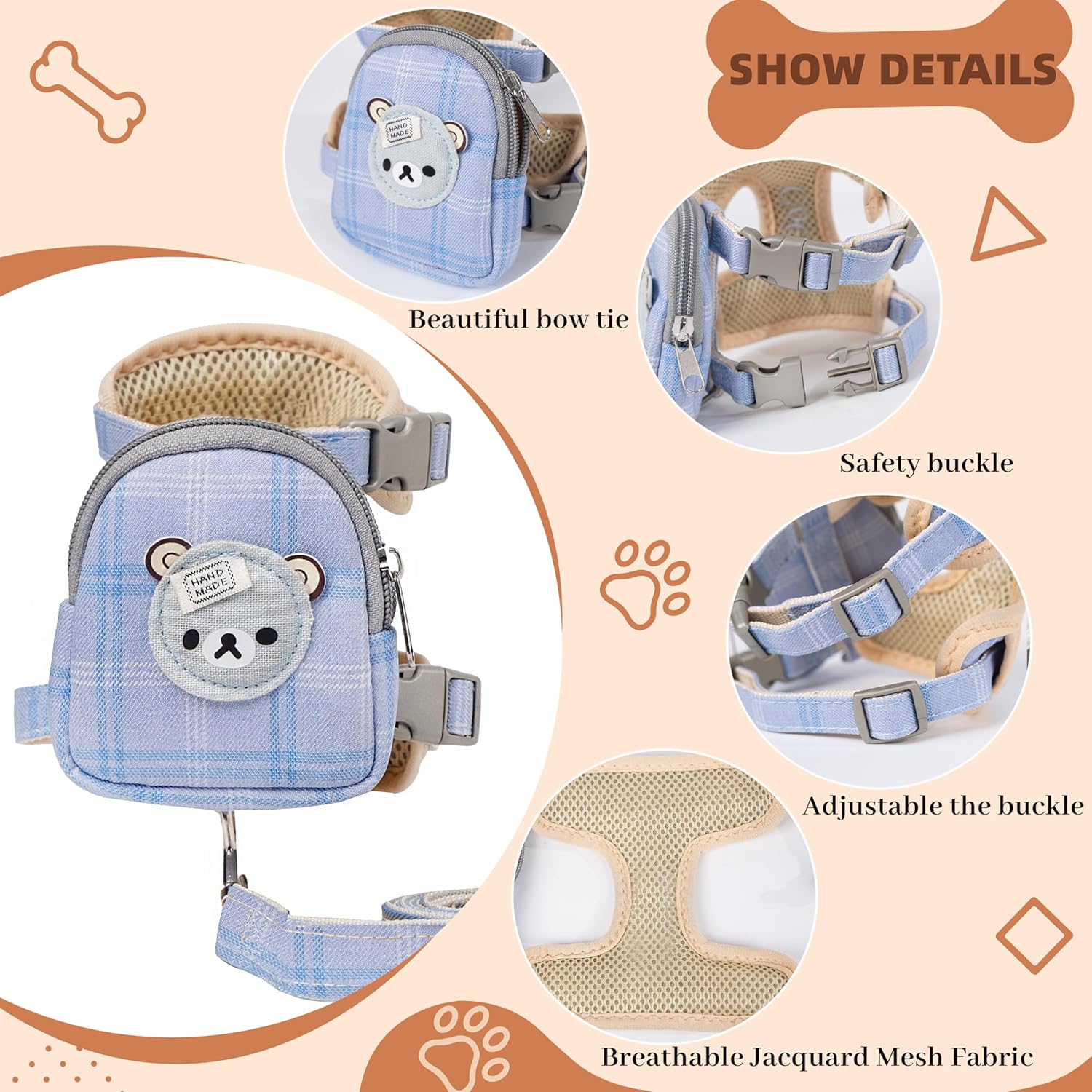 Personalized Dog Harness with Backpack Leash Set Custom Name Puppy Harness Small Medium Dog Cat Harnesses Adjustable Soft Breathable for Walking Travel Hiking