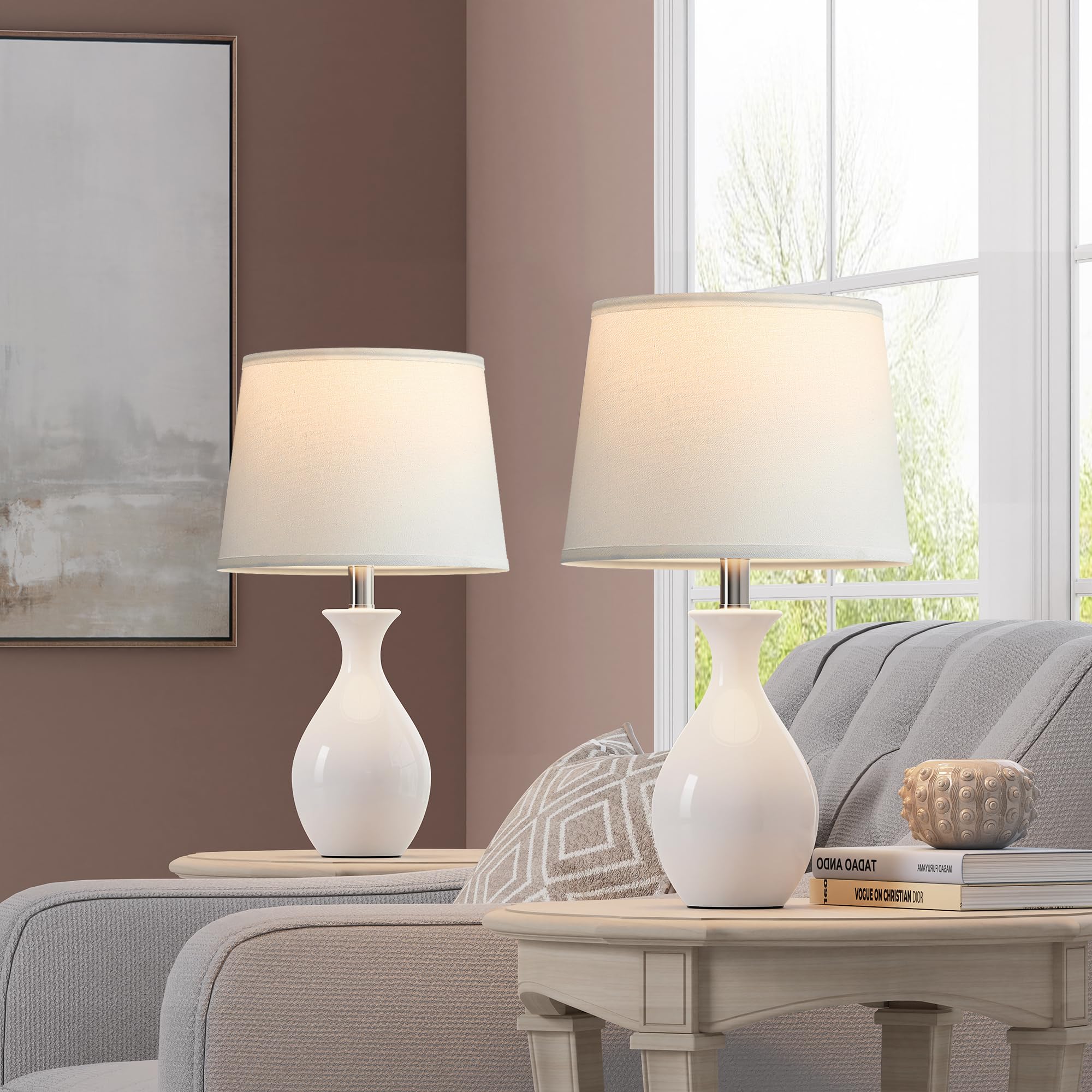PARTPHONER Tischlampe 2er Set, Moderne Keramik Nachttischlampen für Nachttische, Klassische Kleine Lampe Nachttischlampe für Schlafzimmer Wohnzimmer Schreibtisch Beistelltisch Wippe Swtich Weiß