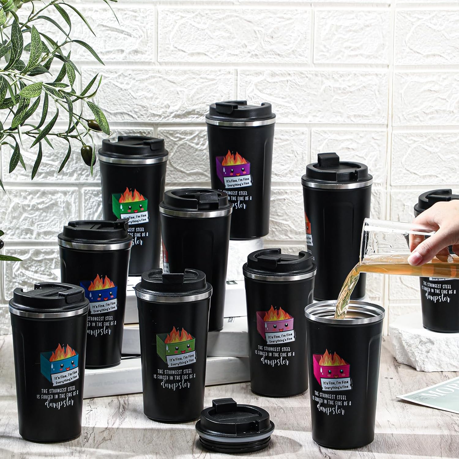Skylety 10 Pcs Dumpster Fire Funny Tumbler 17oz Employee Appreciation Gift for Adult Coworker Office Desk Accessories, Positive Everything Is Fine Mug Bulk White Elephant Gift (Multicolor) - Image 4