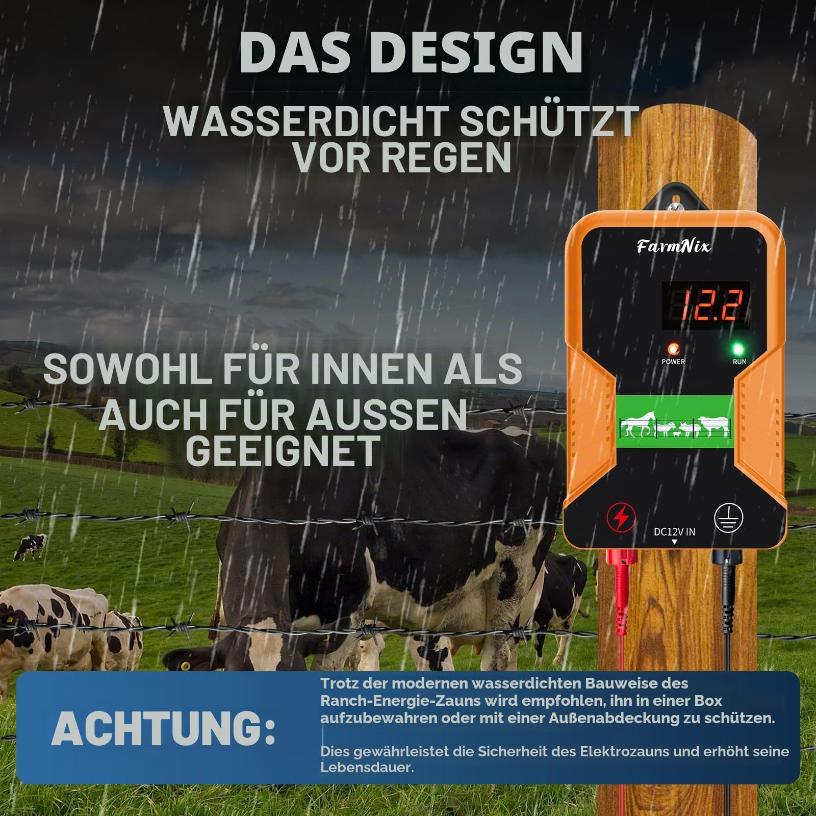 Weidezaungerät 12V mit LED Anzeige, 2J 15 KM 230V Elektrischer Weidezaun, Elektrozaun für Hunde, Wasserdicht Weidezaun Elektrisch für Schutz von Nutztieren, Haustieren, Geflügel, Hausweide, Gärten