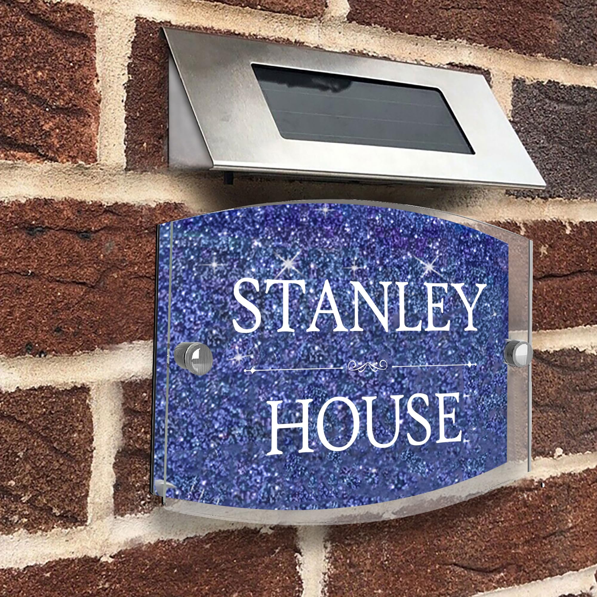 Modern House Sign Plaque Door Number | Personalised Glass Effect Acrylic Glitter Sign | Personalised House Number Hand Finished in UK (Blue, Design A)