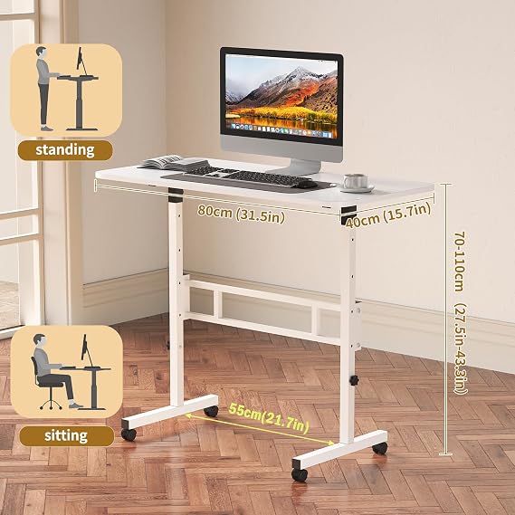 Panana Small Standing Desk Adjustable Height, Mobile Rolling Stand Up Desk with Wheels, 32 Inch Portable Rolling Desks Computer Office Workstations Walking Pad (White)
