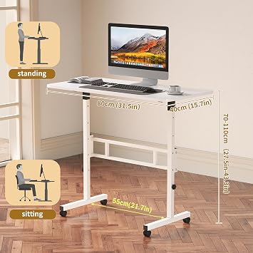 Panana Small Standing Desk Adjustable Height, Mobile Rolling Stand Up Desk with Wheels, 32 Inch Portable Rolling Desks Computer Office Workstations Walking Pad (White)