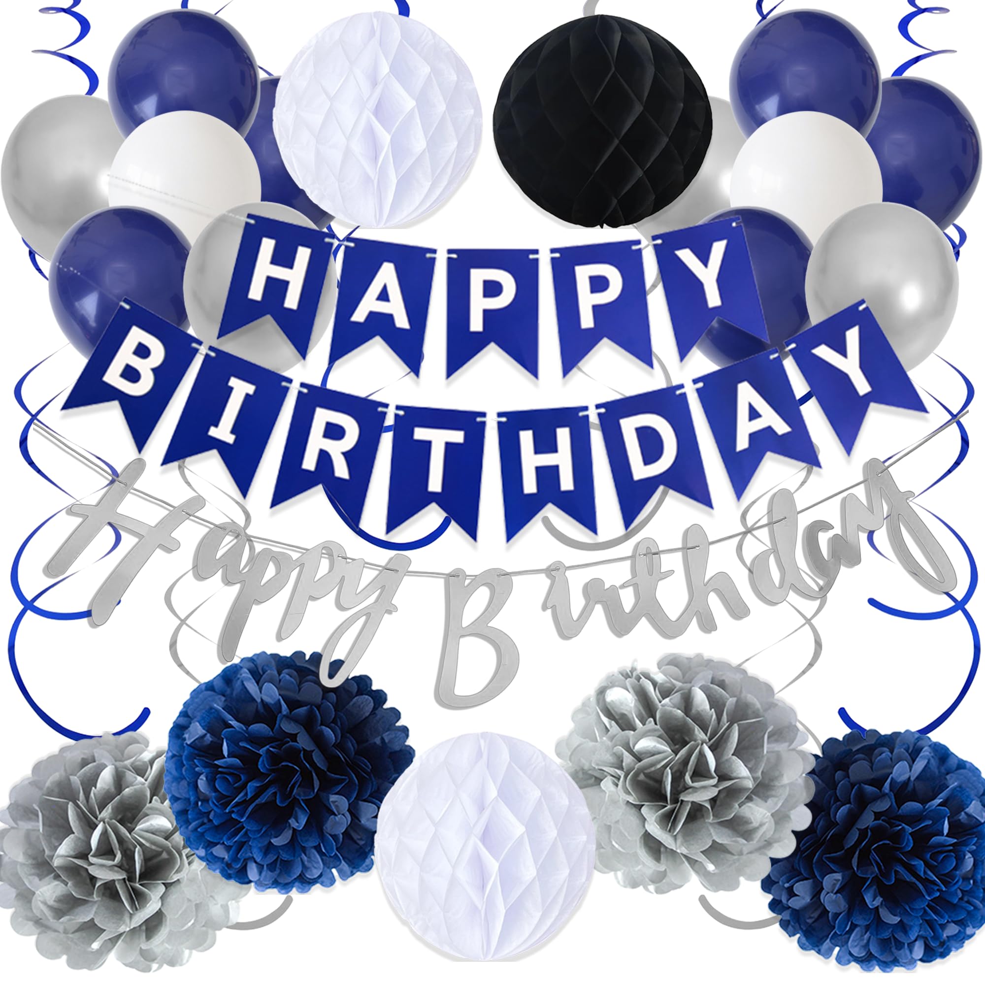 Marineblaue Geburtstagsdekoration – Mit Happy Birthday Banner, 6 Wabenbällen, Kreisgirlande & Metallischen Wirbeln – Partydeko Für Männer, Frauen & Kinder – Langlebig & Wiederverwendbar