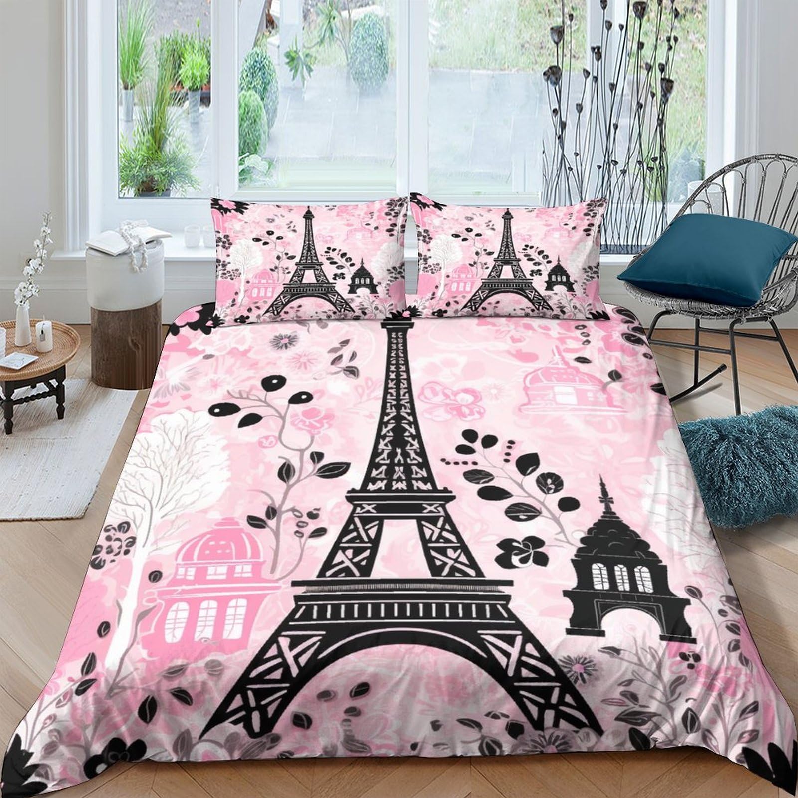 Juego de cama París para habitación doble con funda nórdica 200x200 de flores y cremallera