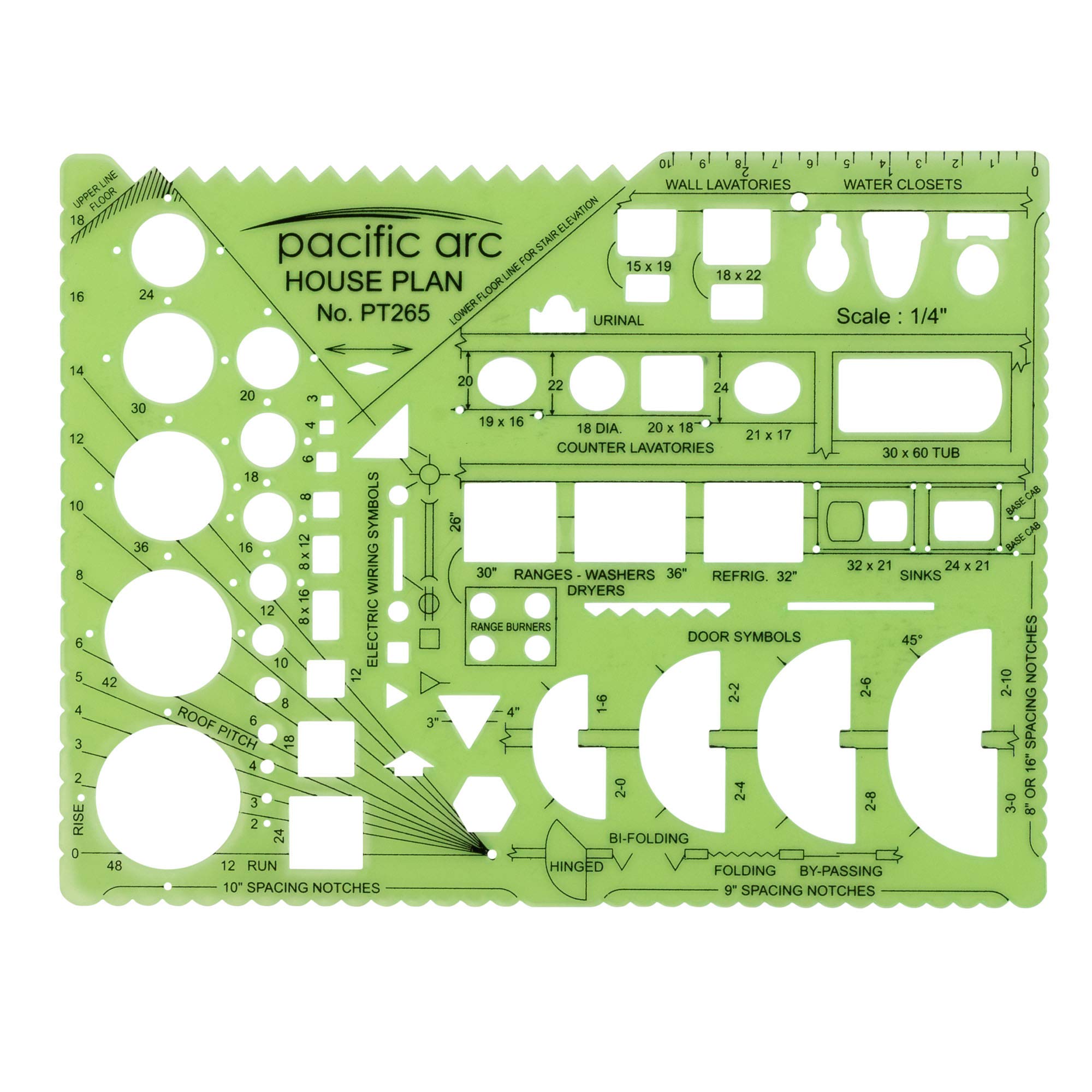 Pacific Arc House Plans Templates Guide, with Stairs, Doors, Plumbing, Kitchen Appliances, and Roof Pitch Gauge, Scale of 1/4 Inch to 1 Foot