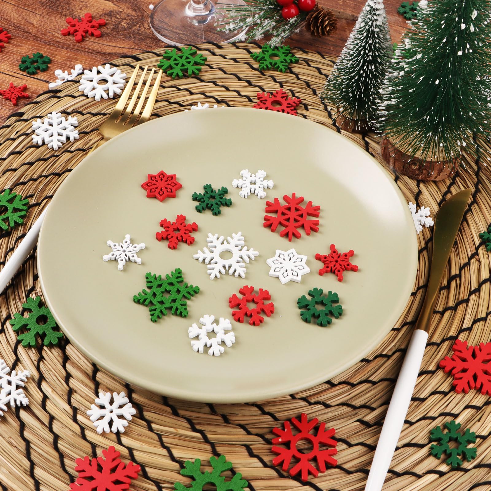 ToBeIT 200pezzi Mini fiocchi di neve in legno, decorazione natalizia, mini fiocchi di neve