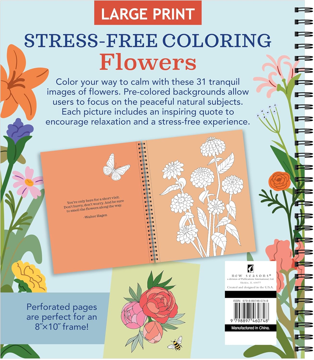 Large Print Stress-Free Coloring: Flowers | Adult Coloring Book with Pre-Colored Backgrounds & Calming Quotes | Perforated Pages, Spiral Bound | Relaxing Gift for Seniors, Adults & All Ages image 2