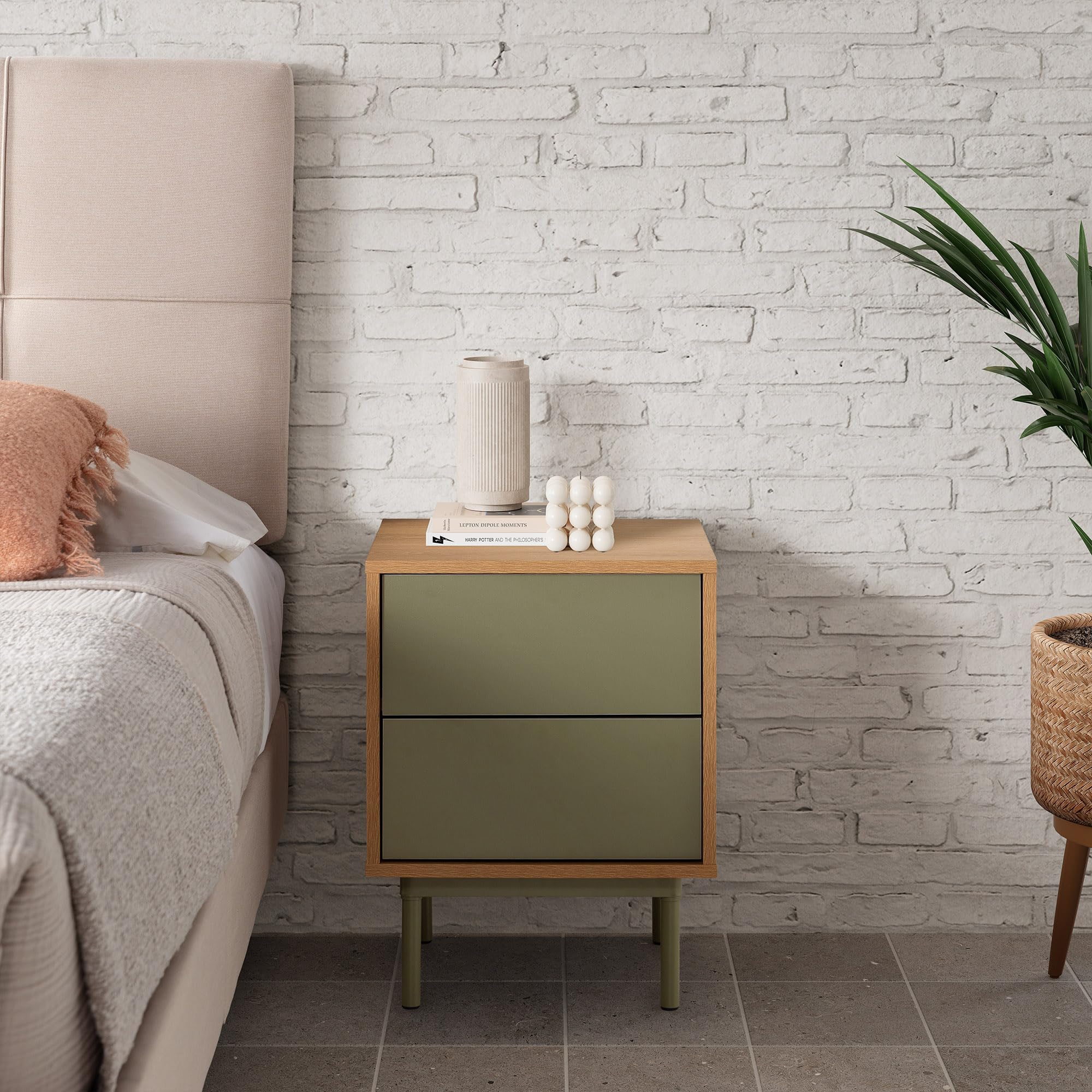 HOMN LIVING Mesita de Noche Cuzco 2 cajones Color Roble/Verde, 40 cm (Ancho) 40 cm (Profundo) 52 cm (Altura)