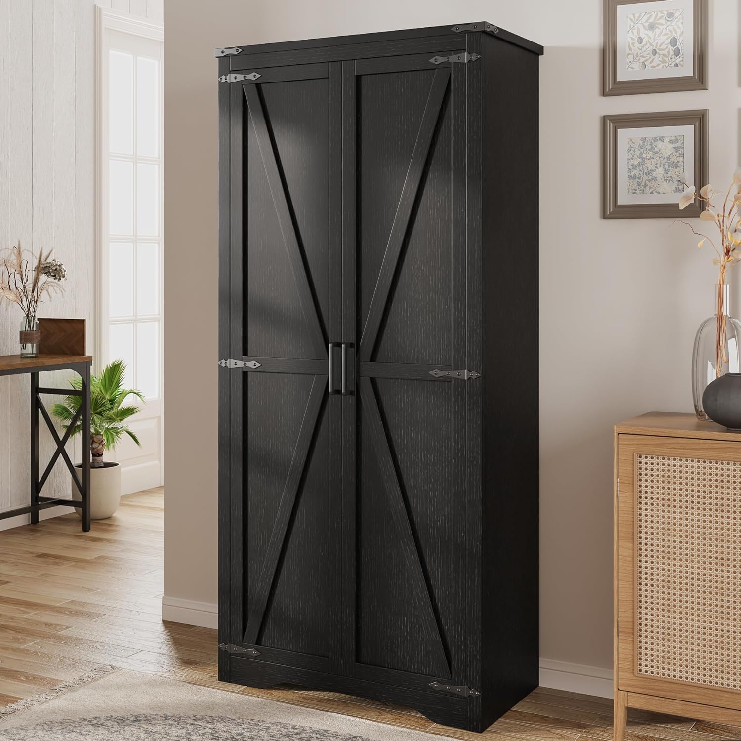 Befrases Farmhouse Storage Cabinet with Adjustable Shelves, Large Pantry Organize with 2 Barn Doors, Tall Freestanding Cabinet for Kitchen, Bathroom, Garage, Basement, Living, Utility Room, Black