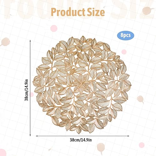 Miniatura 2 de Juego de 8 manteles individuales redondos de hojas doradas, manteles individuales de vinilo prensado con hojas metálicas, manteles individuales