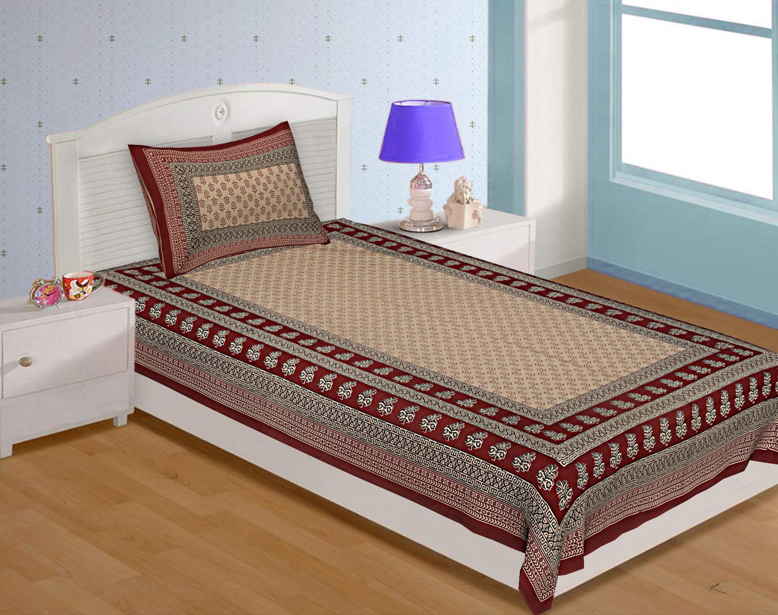 Ealth Kart 144 TC Cotton Jaipuri Printed Single Bed Sheet with Pillow Cover (Multi, Single)