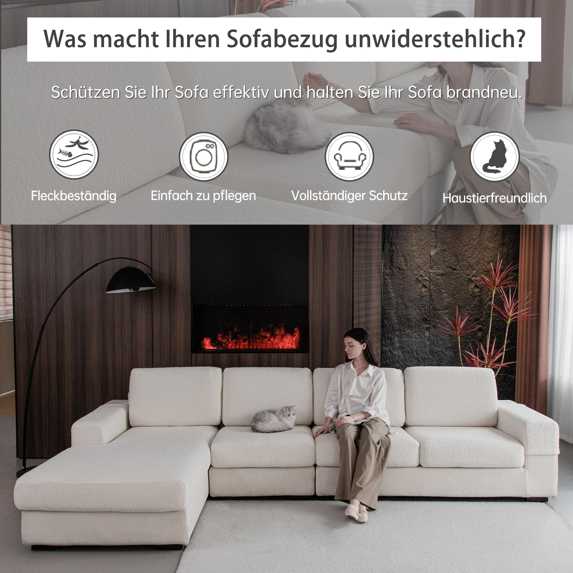 OHSIO Sofa Überzug – Hoch Elastischer, Rutschfester Sitzkissenbezug – Waschbarer, Haustierfreundlicher Sofabezug für Couch, Strapazierfähig(Elfenbein, 1x Chaiselongue-Bezug)