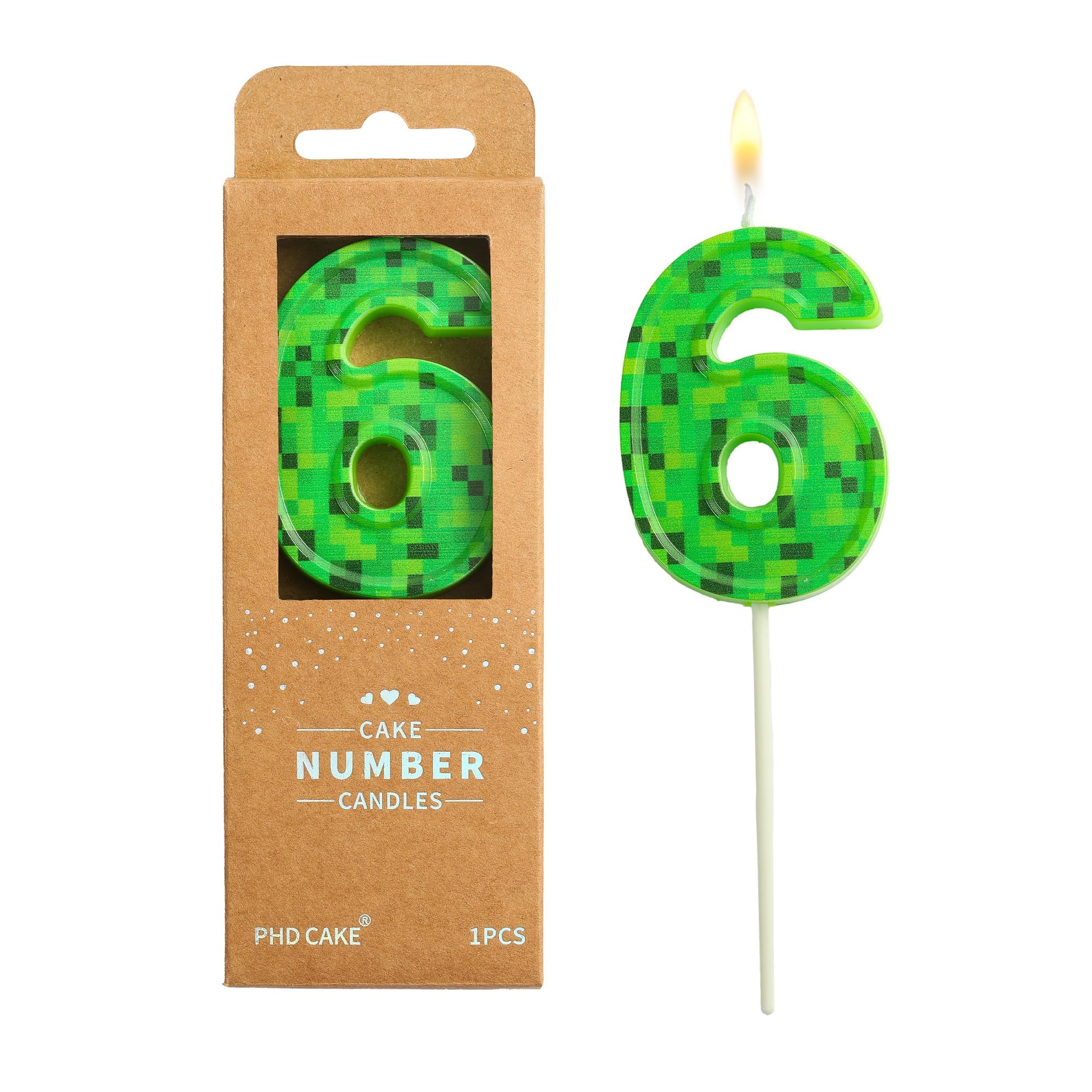 PHD CAKE Bougies d'anniversaire sur le thème du chiffre 6 de 7,76 pouces, bougies de numéro de mineur vert, bougies de numéro de gâteau, célébration de fête