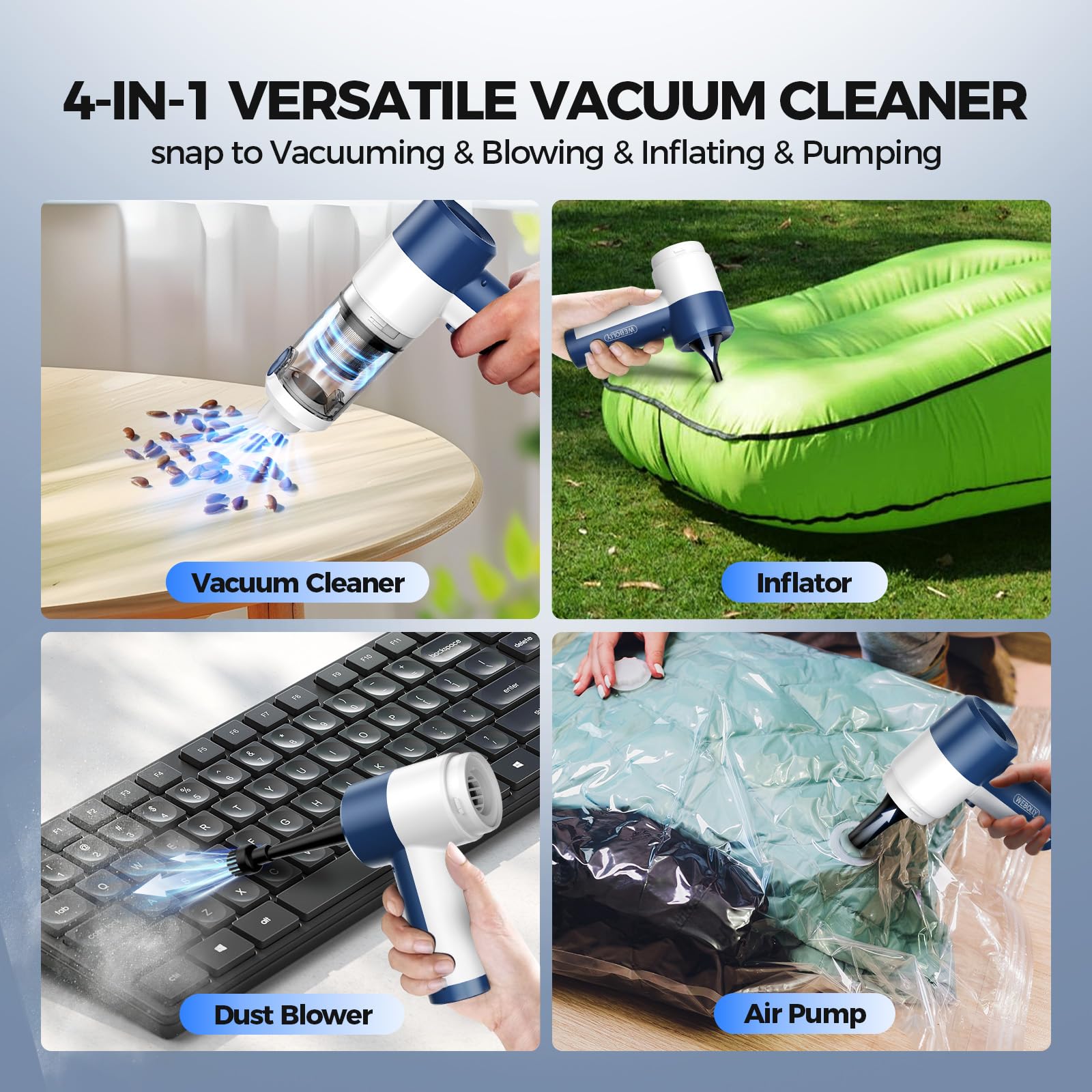 Car Vacuum Cleaner Cordless, 4 in 1 Portable Vacuum Cleaner 16000PA High Power Air Duster & Air Blower & Pump, Rechargeable Handheld Vacuum with Brushless Motor, Multi-Nozzles for Car, Home, Office