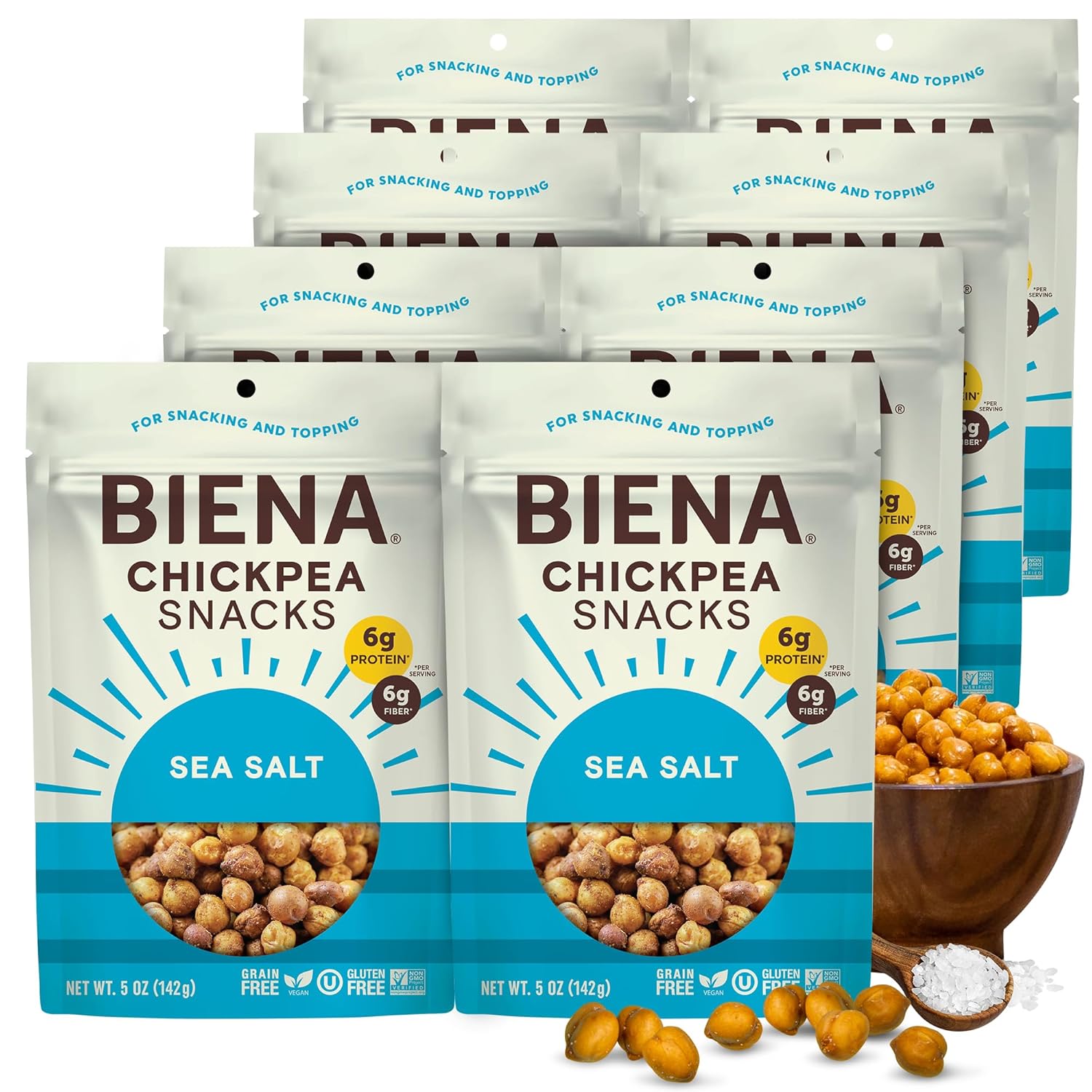 (BEST BY 11/11/2025) BIENA Chickpea Snacks - Crunchy Roasted Chickpeas - High Fiber Vegan Protein Snacks for Adults and Kids - 8-Pack, 5 Ounce Bags - Sea Salt