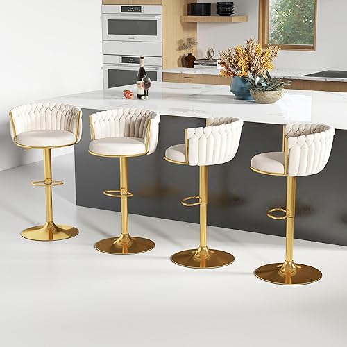 ABET Gold Bar Stool Set of 4, Velvet Swivel Barstools, Height Adjustable Counter Stools with Woven Backrest, Upholstered Modern Luxury Kitchen Stools with Footrest for Cafe, Pub, Beige