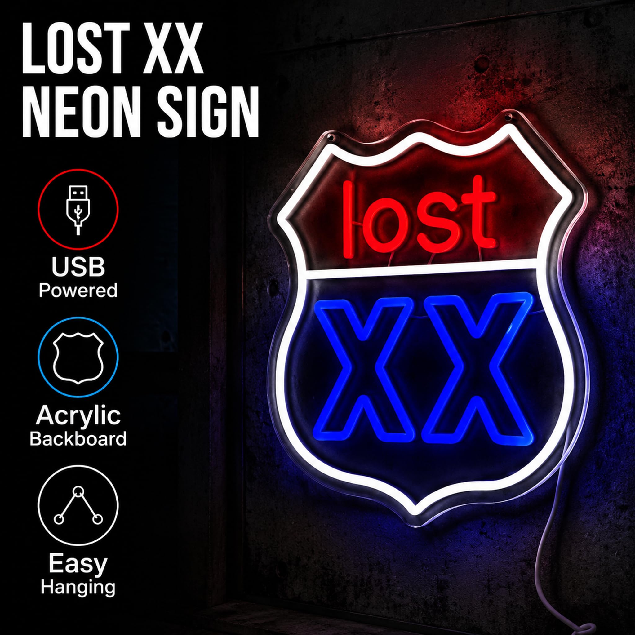 Lost XX Neonschild – 34 x 32 cm, rote und blaue LED-Wanddekoration mit Acryl-Rückwand, USB-betriebene Neonlichter für Spielzimmer, Männerhöhle, Bar, Schlafzimmer und Streetwear-Stil, Geschenk