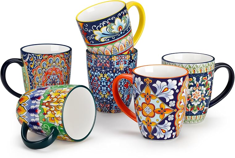 vancasso SIMI 12 oz Coffee Mugs Set of 6, Ceramic Mug with Handle, Boho | Coffee Cups for Latte, Tea, Cappuccino & Hot Chocolate, Easy-Grip Mug, Dishwasher & Microwave Safe, Bohemian Gift Set