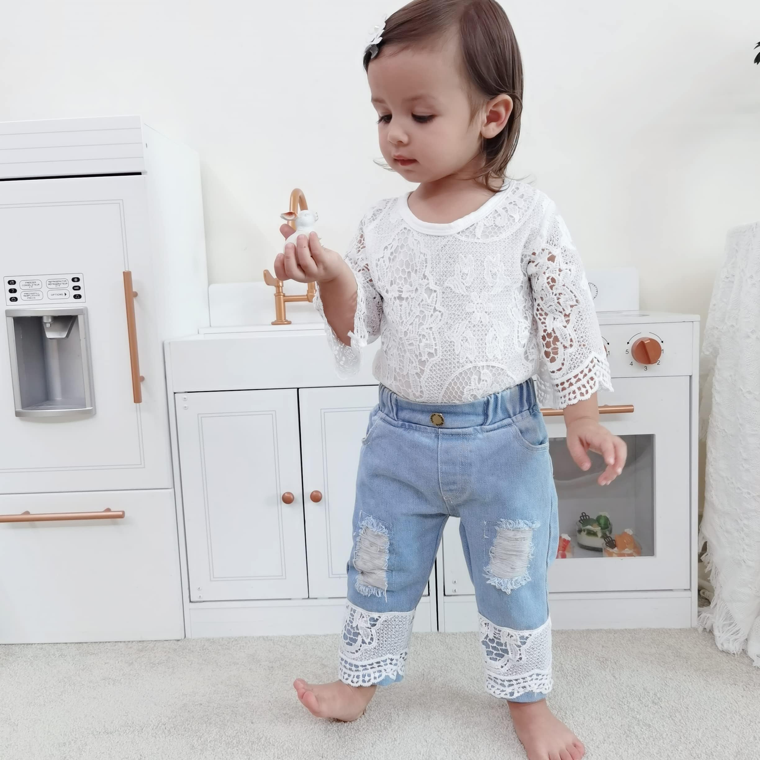 Conjunto de ropa para bebé niña pequeña y mameluco + pantalones vaqueros