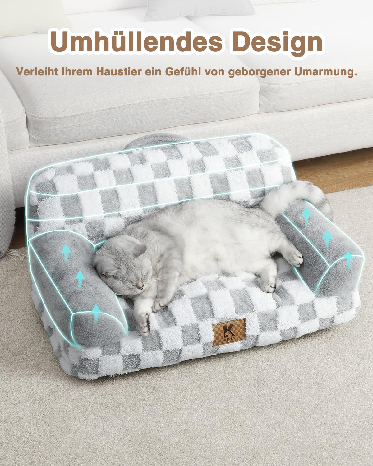 KSIIA Orthopädisches Katzenbett Flauschig 66x37cm, Abnehmbar Katzensofa Hundebett Waschbar, Hundesofa für Kleine Hunde mit Rutschfester Unterseite, Hundecouch mit Rückenlehne und Armlehnen, Grau