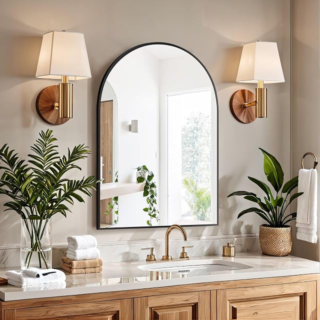 BONEWEI Arched Miroir de salle de bains 26x38 inch, Miroir mural noir, Miroir de mur avec cadre en aluminium, Miroir Vanity suspendu ou penché contre mur pour salon, chambre, salle de bains et entrée