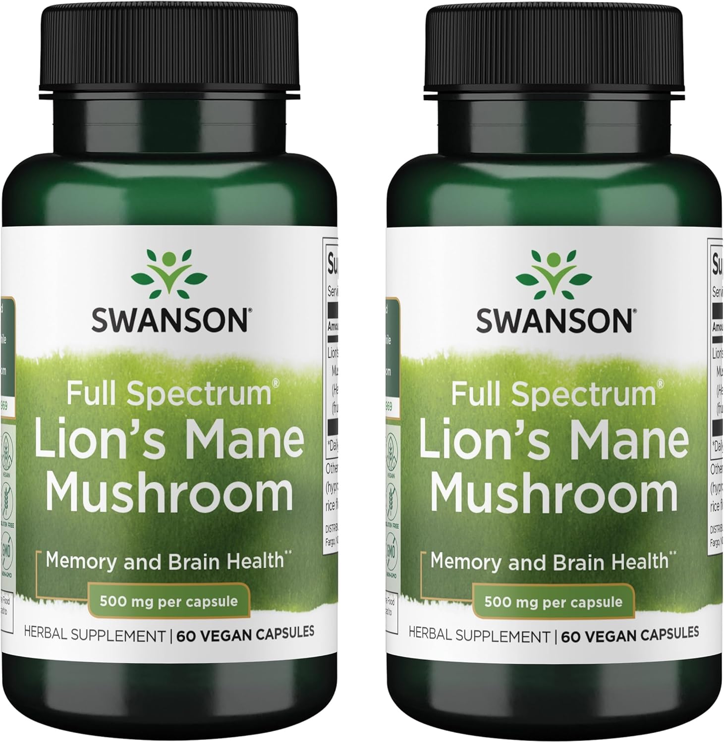 Swanson Lion’s Mane Mushroom – Herbal Supplement Promoting Mental Focus, Clarity, & Memory Support – Traditional Brain Booster Supplement Made from Hericium Erinaceus (60 Capsules, 500mg Each) 2 Pack
