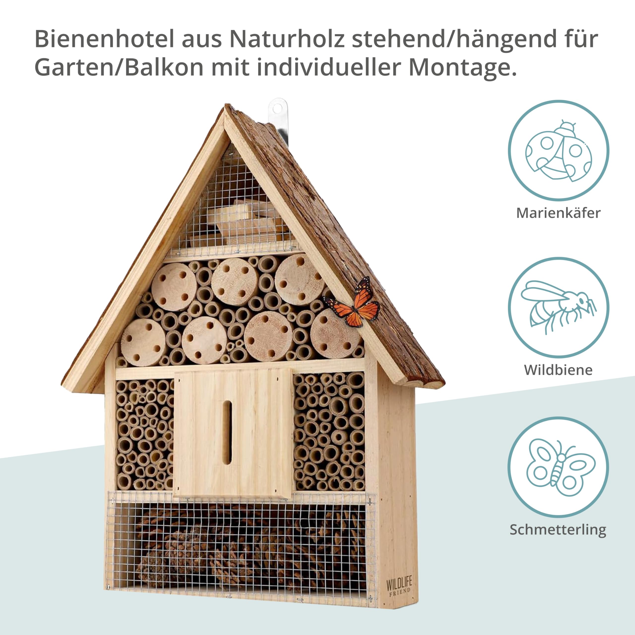 WILDLIFE FRIEND Großes Wildbienenhotel mit Rindendach - Wetterfestes Insektenhotel aus Naturholz zum Aufhängen - Nisthilfe und Bienen Hotel für Garten und Balkon